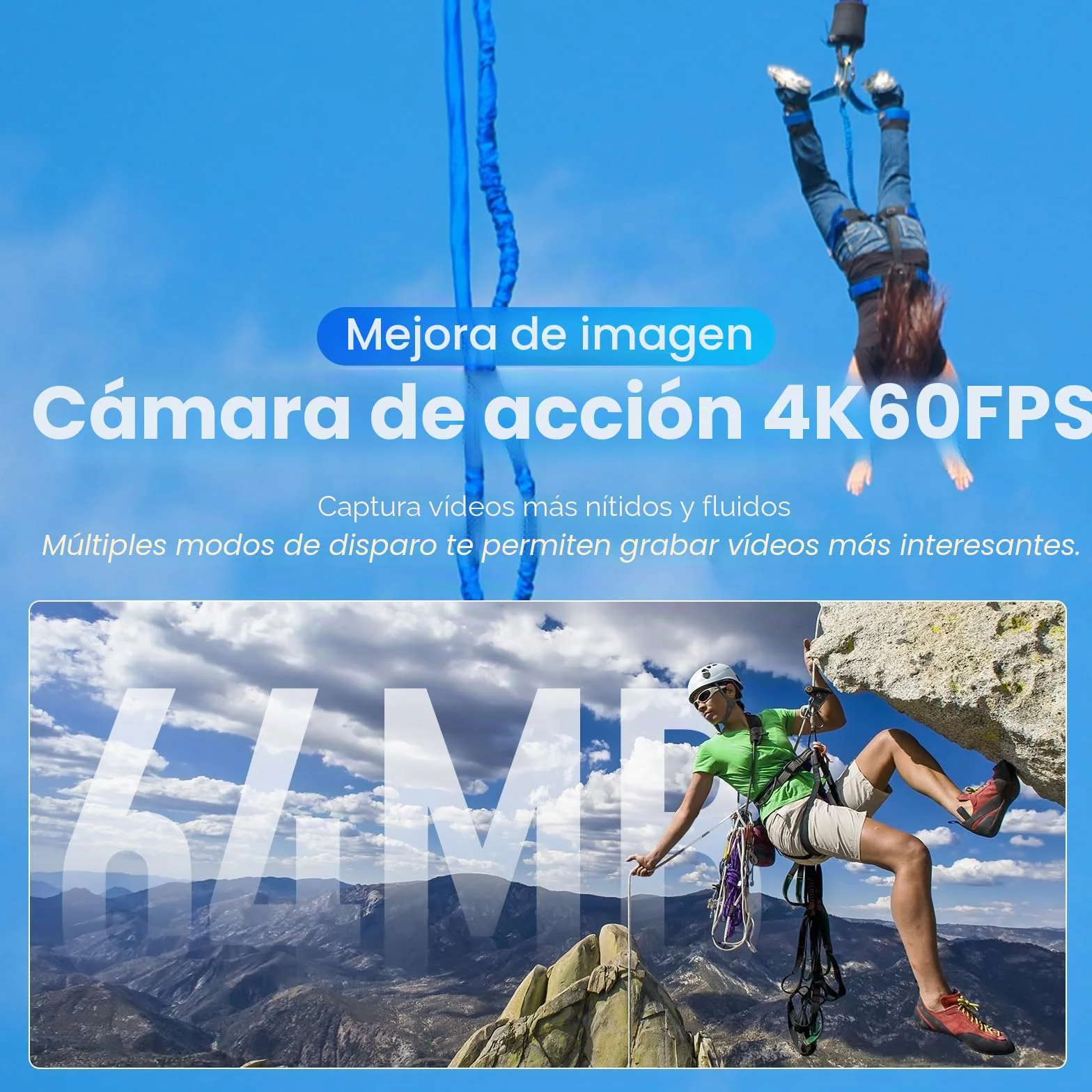 Cámara Deportiva 4K 60FPS WiFi EIS Antivibración 48MP Subacuática 40M 8X Zoom 64GB 2 Baterías 1350mAh