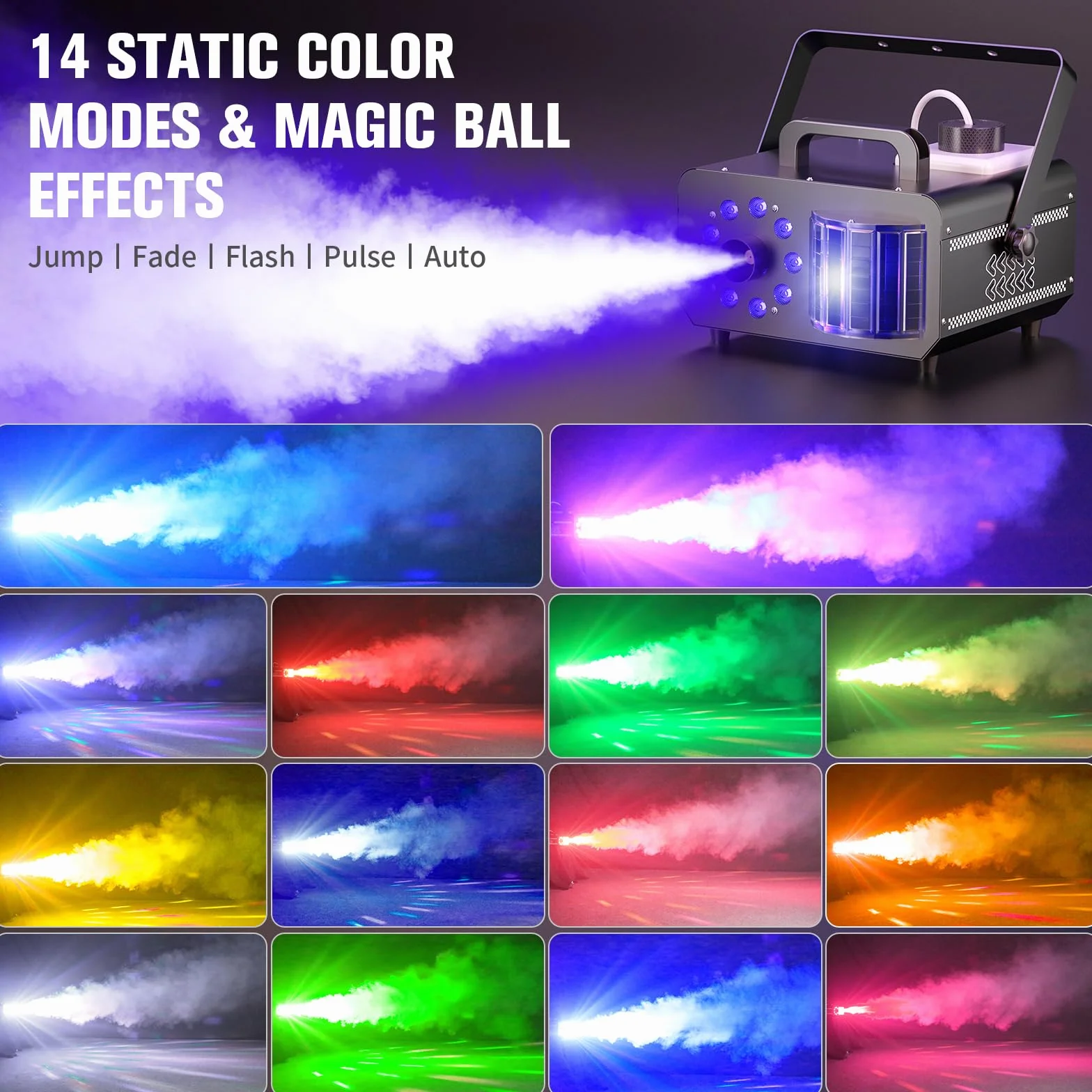 1200W Máquina de Humo con Control Remoto, Haz 9 LED RGB Luces de Fiesta 14 Colores Estáticos Capacidad de 1L Fog Machine Portátil Estroboscópico para Halloween Bodas Navidad Escénicos