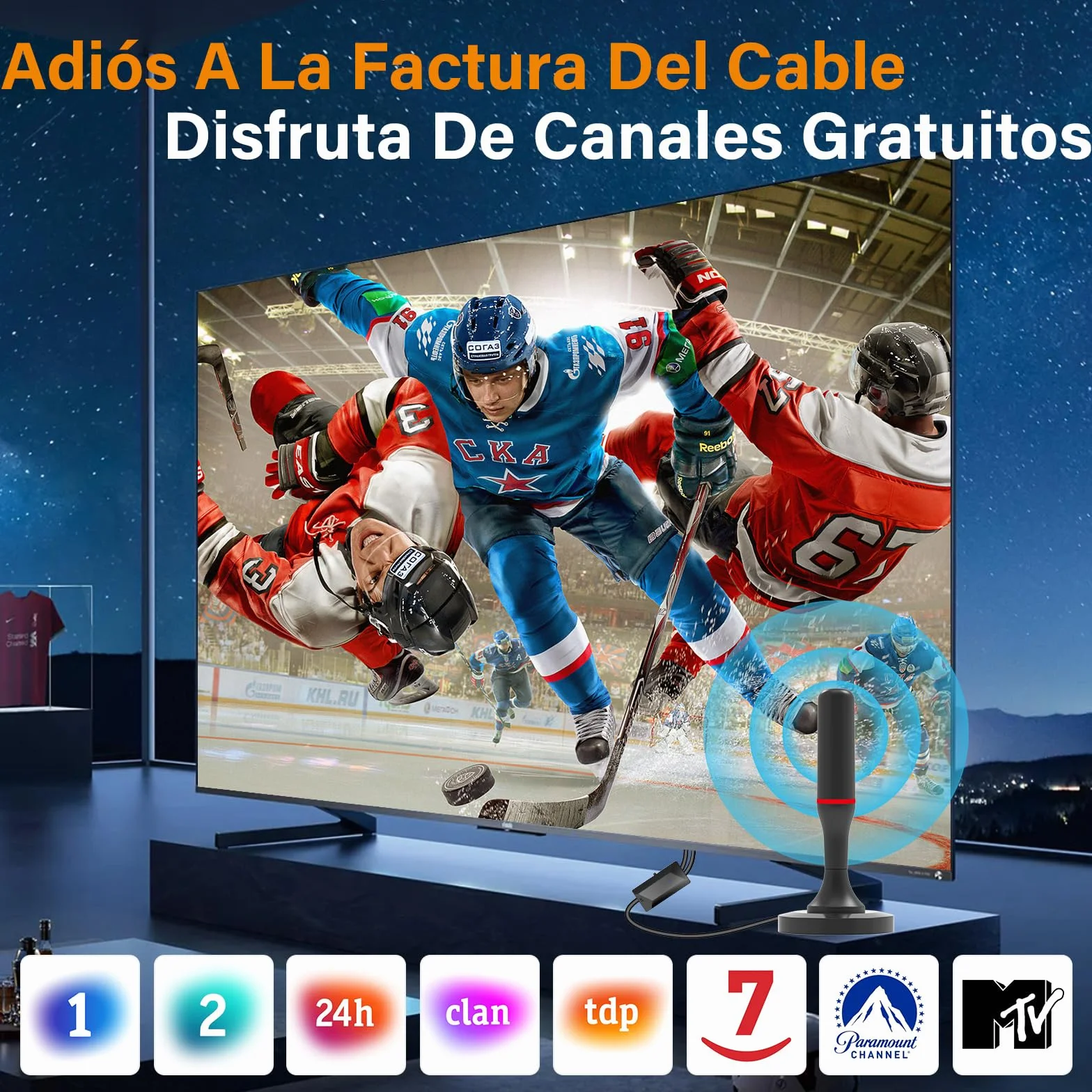 Antena TV Interior Potente con Base Magnética 500 km 360° 4K/1080p/VHF/UHF DVB-T/T2