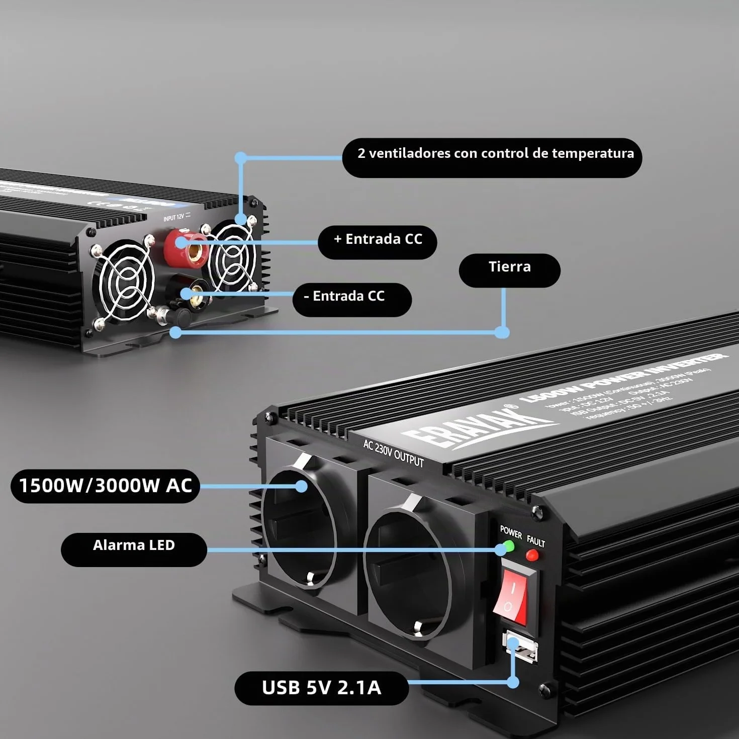 ERAYAK Convertidor de Voltaje 12v 230v 1500W / 3000W Inversor de Coche DC AC 12v Convertidor de Enchufe Convertidor de Corriente Vehículos Caravana Coche Onda sinusoidal modificada