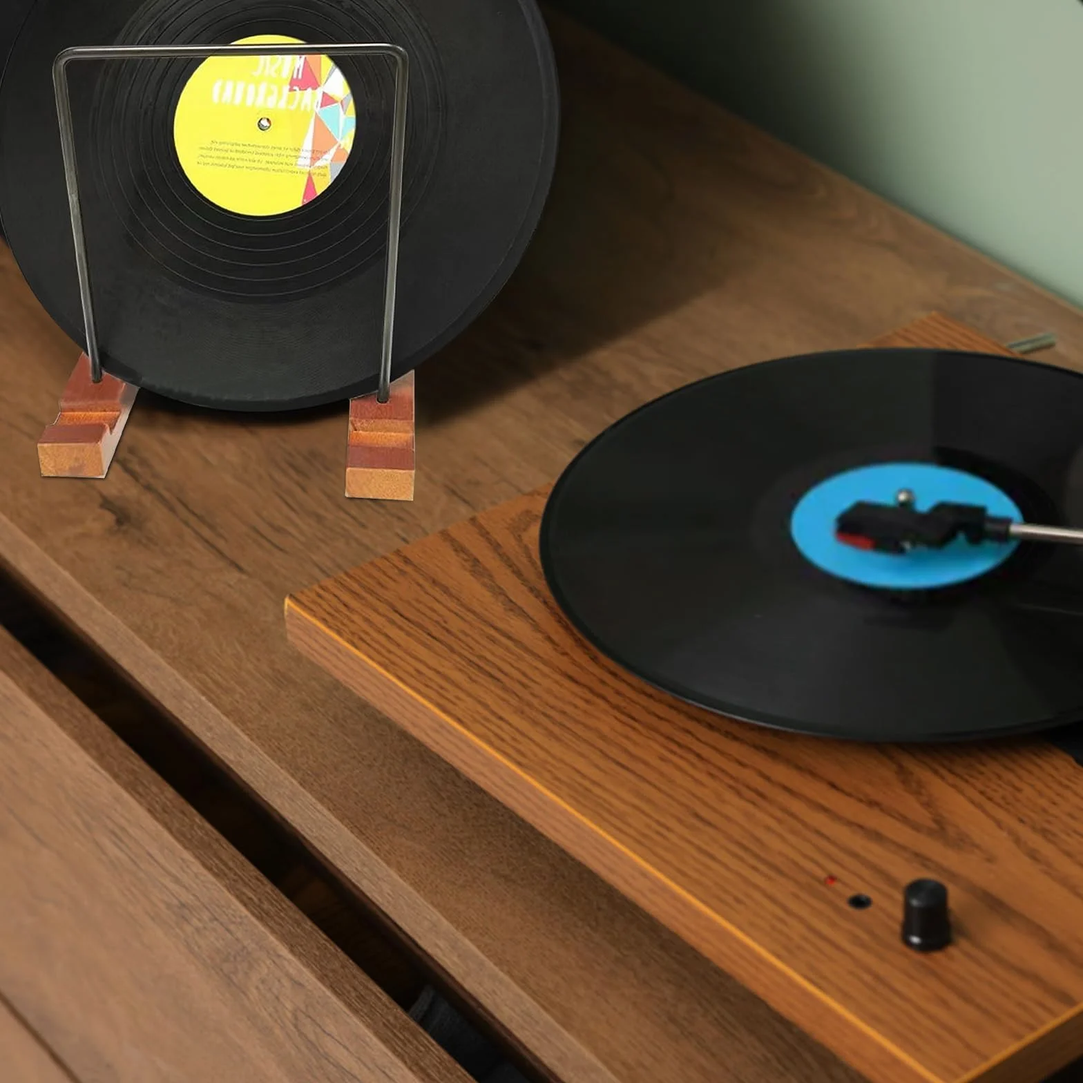 Soporte para discos de vinilo de madera de pino, soporte para discos de CD y expositor, almacenamiento de discos de madera, con organizador de discos de acero inoxidable, soporte para discos