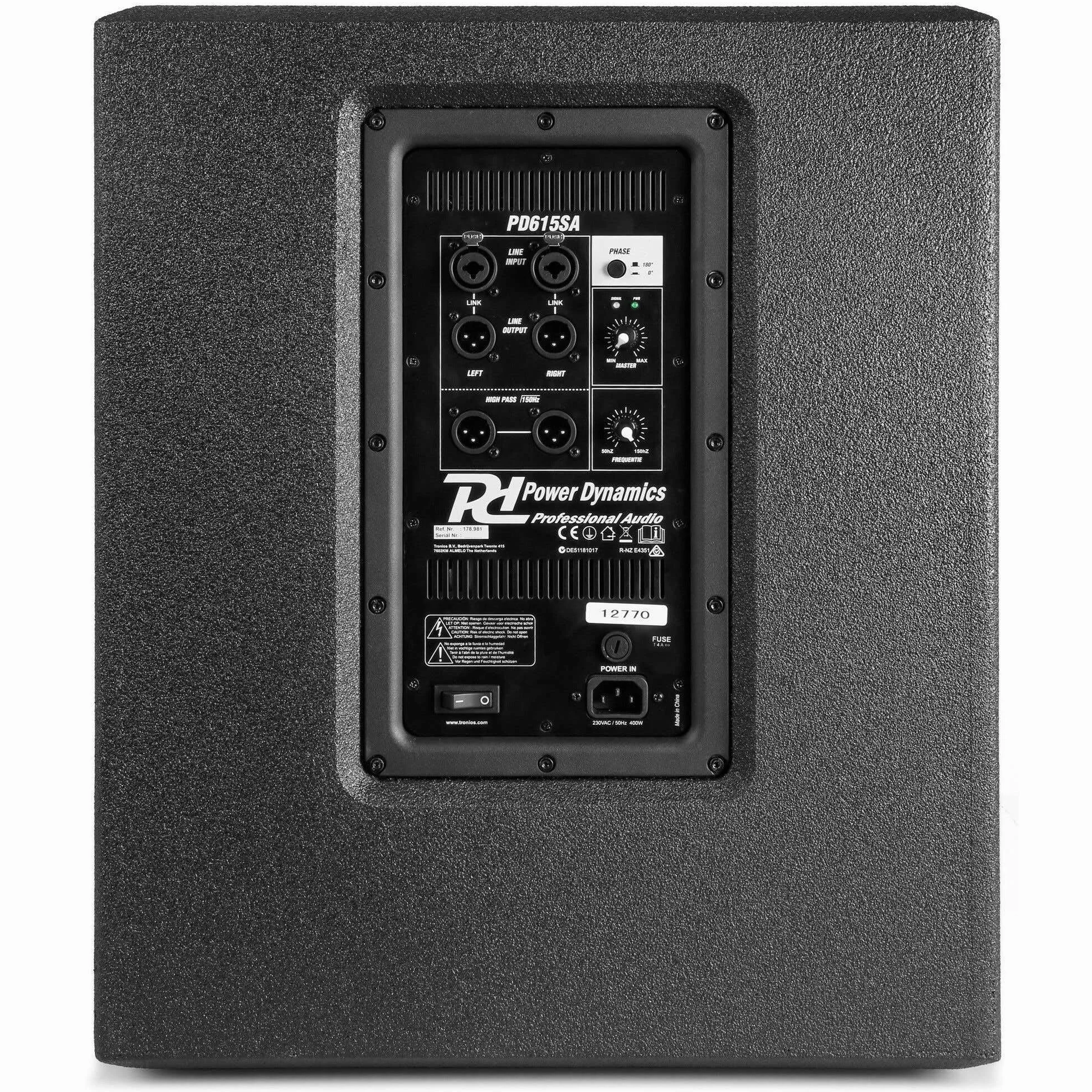 Power Dynamics PD615SA subwoofer Activo 15" 1000W con Amplificador Clase D Crossover Ajustable Fase 0-180° entradas XLR SPL 128dB Carcasa Robusta para DJ y Eventos