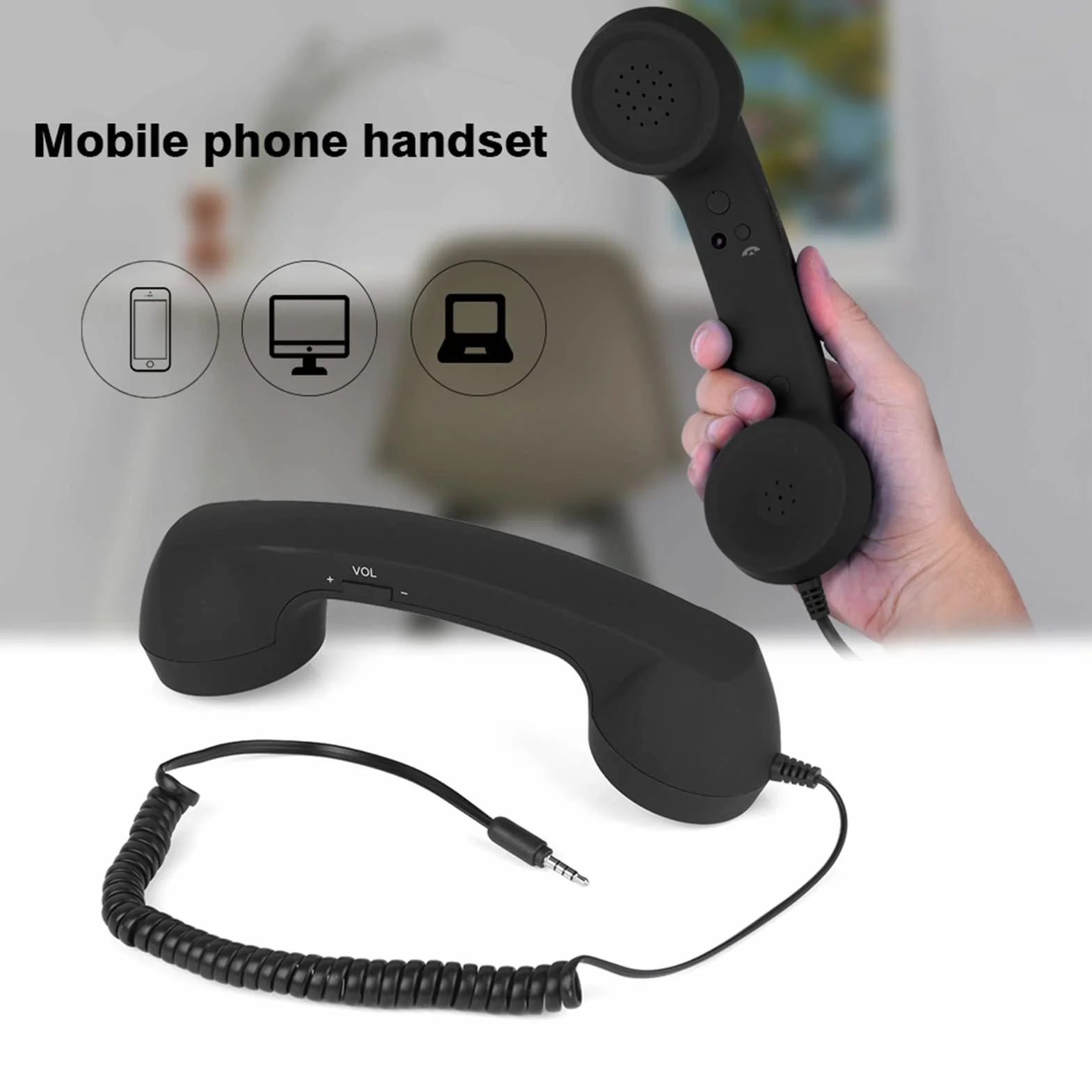 Auriculares retro de 3,5 mm, receptor de teléfono con cable y micrófono para teléfono móvil, color negro