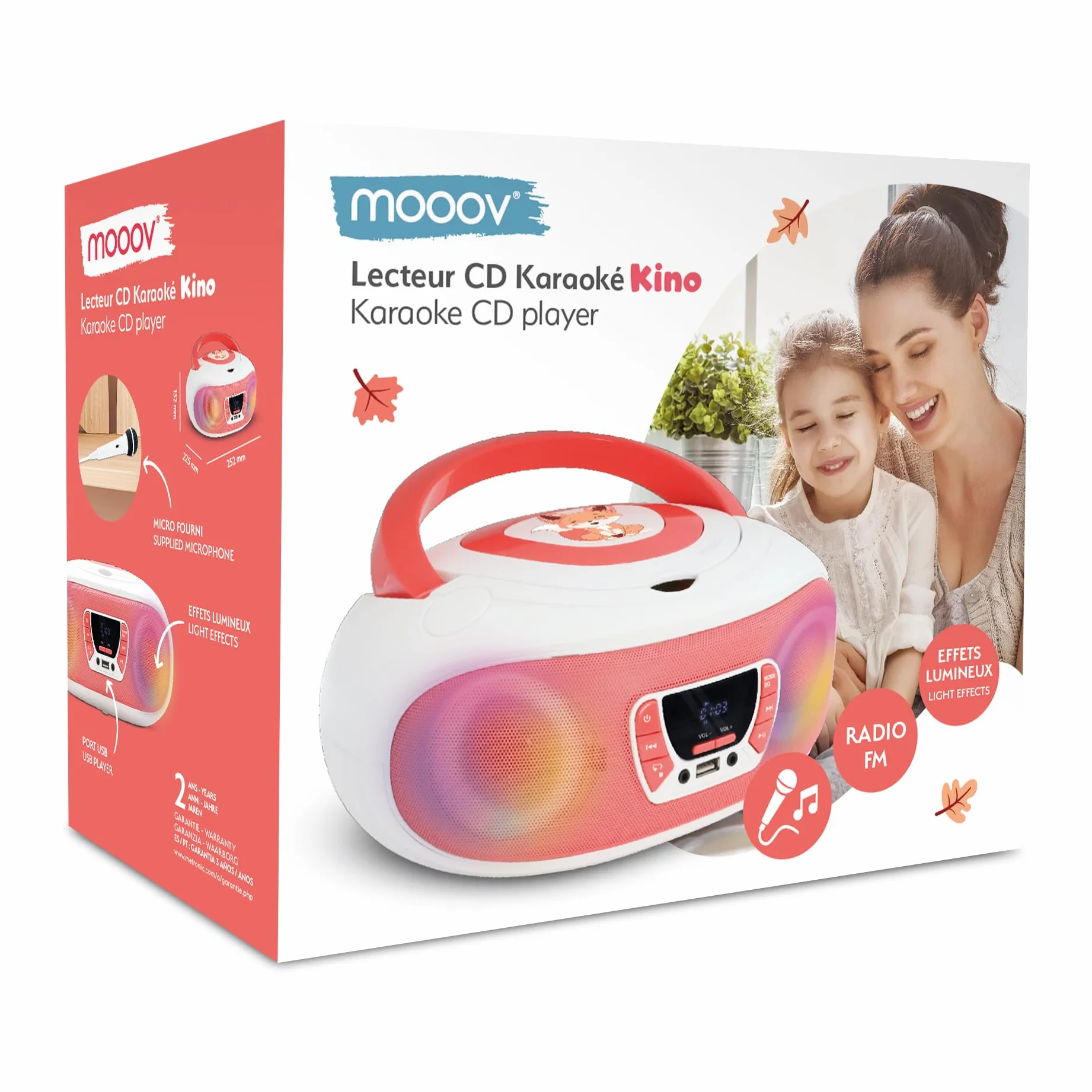 Mooov 477409 - Radio CD FM, Efectos Luminosos, función inalámbrica, USB, Pantalla LED, función Karaoke con Micro AUX-IN, Blanco y Rosa