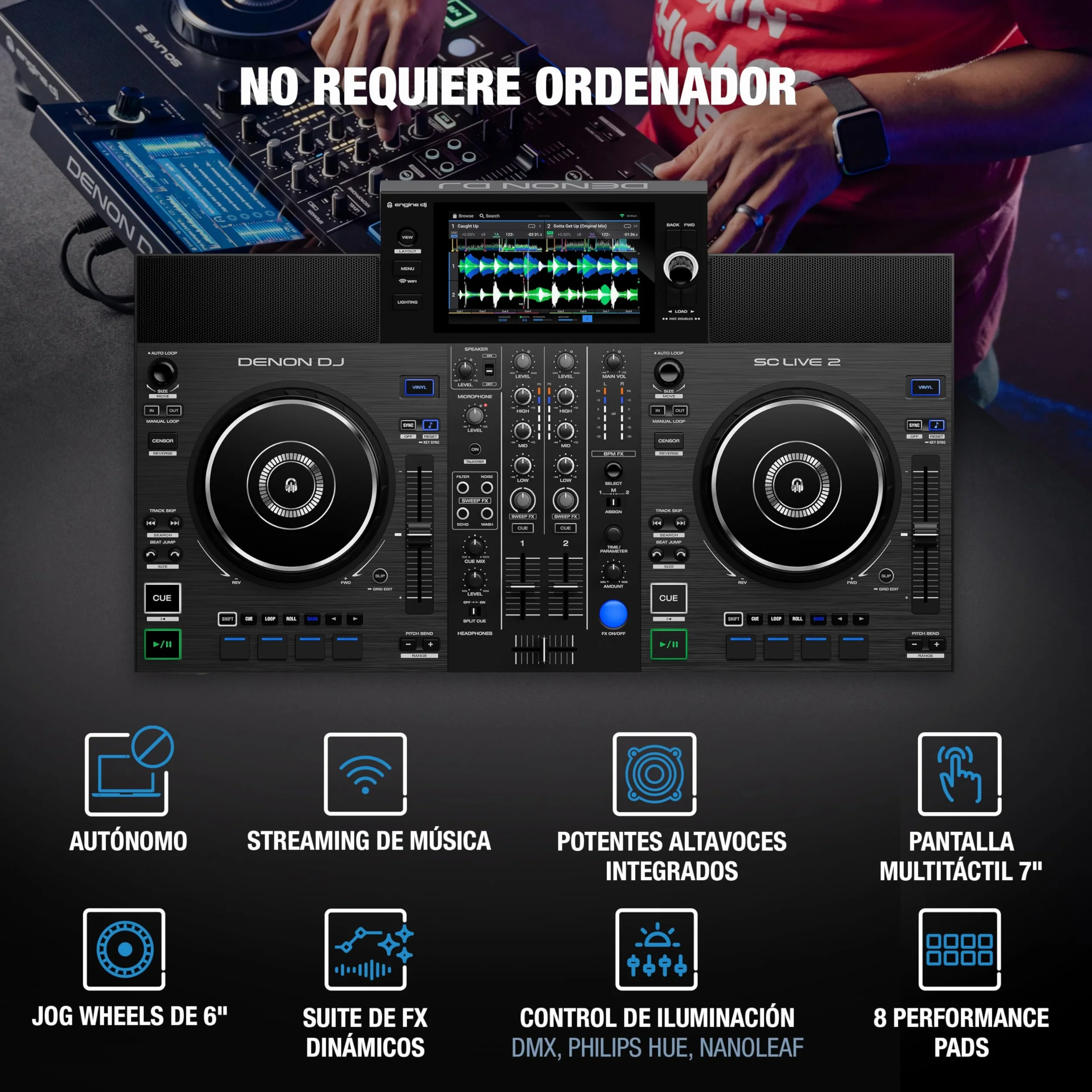 Denon DJ SC LIVE 2 - Controlador DJ autónomo, streaming de Amazon Music, pantalla táctil de 7", WiFi, altavoces, compatible con Serato DJ y Virtual DJ