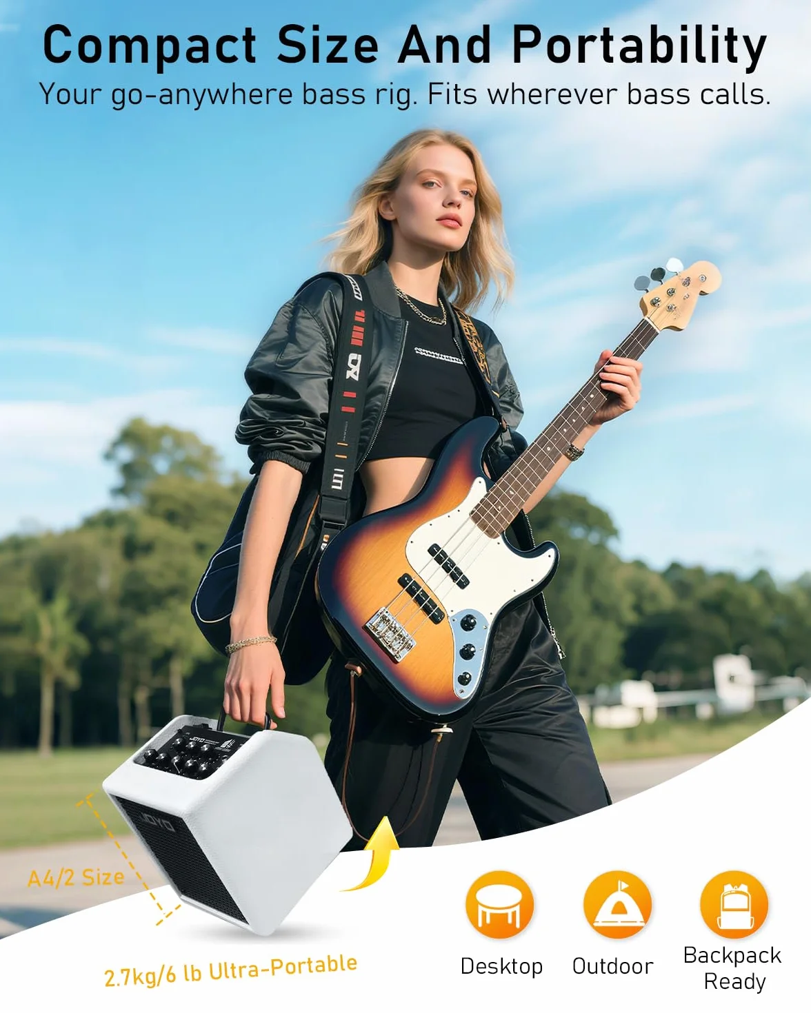 Joyo - Amplificador combinado de bajo 30 W portátil – altavoz de 4 pulgadas, EQ 3 bandas y compresor | Bluetooth 5.1 + grabación OTG, salida de auriculares para práctica solo (Vibe Cube BA-30, blanco)