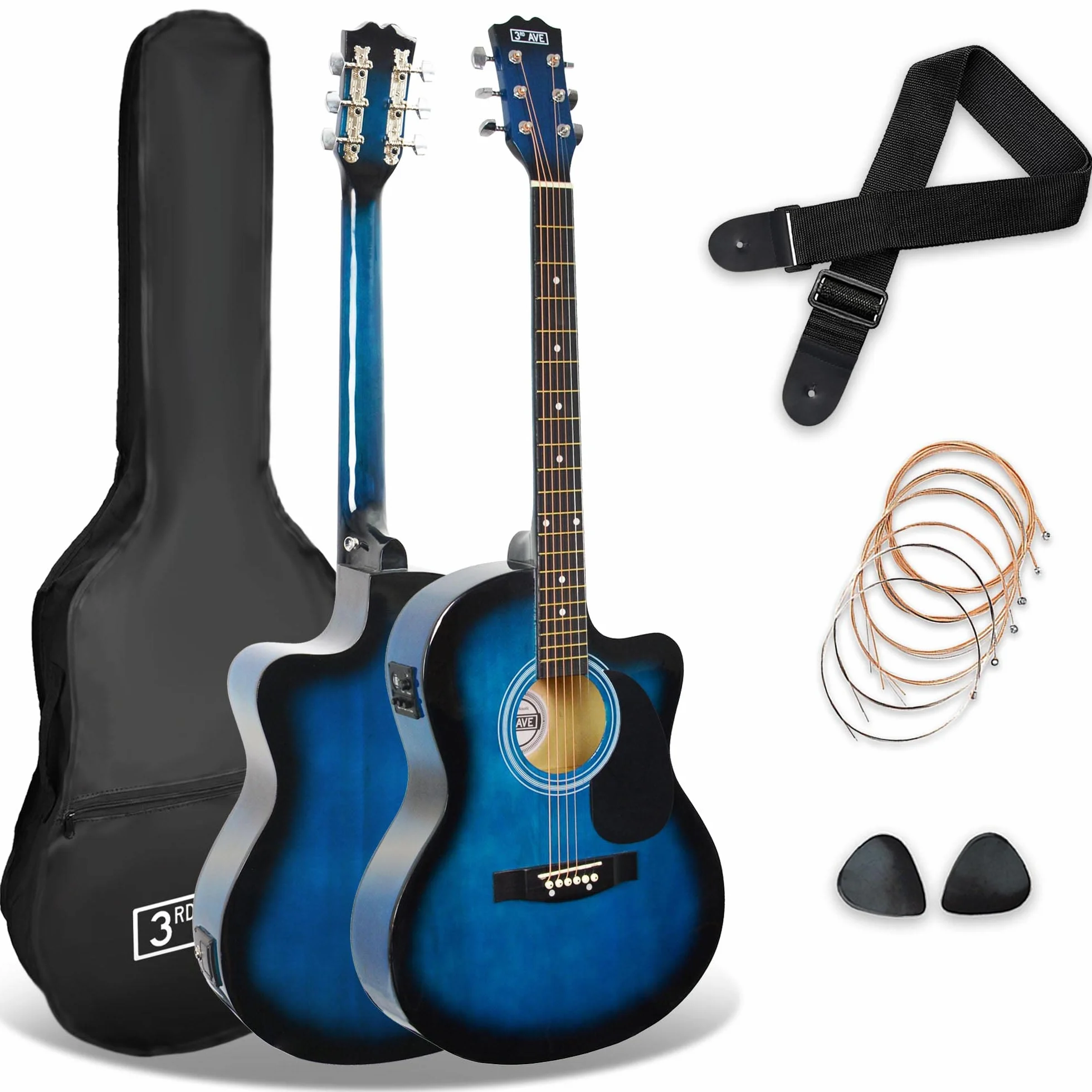 3rd Avenue Pack de guitarra electroacústica con cortadura de tamaño estándar 4/4 para principiantes de 3rd Avenue, afinador integrado y ecualizador, Azul