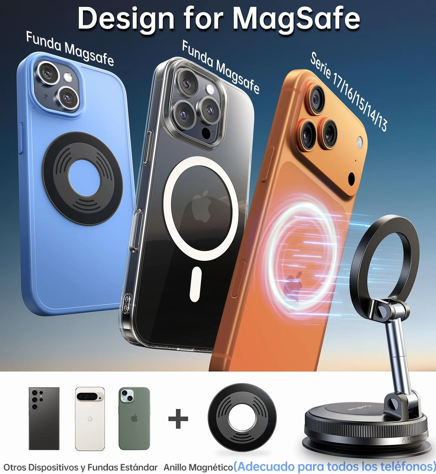 Coolpow Soporte Móvil Coche Magsafe 360° Ajustable Magnético Ventosa Potente para iPhone 17 16