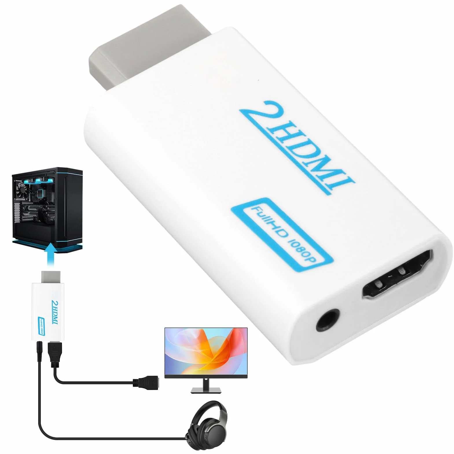 Adaptador para Wii a HDMI Convertidor para Wii a HDMI Video Converter Full HD 1080P con 3,5mm Salida de Audio Admite Todos Los Modos Pantalla for W-ii Display Modes720P NTSC para Monitor Projector TV