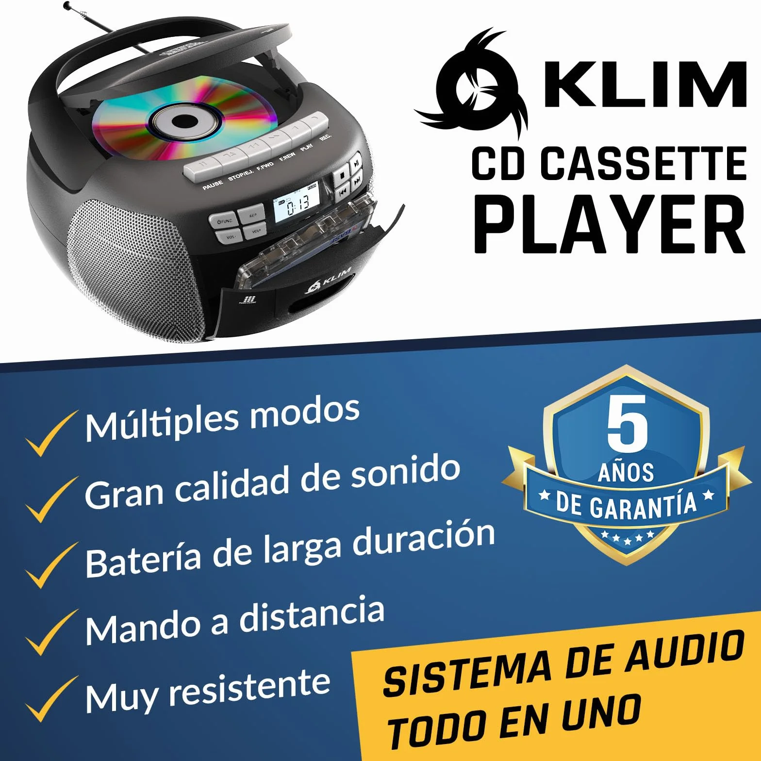 KLIM Reproductor CD Cassette Radio AM/FM Bluetooth Control Remoto Plata