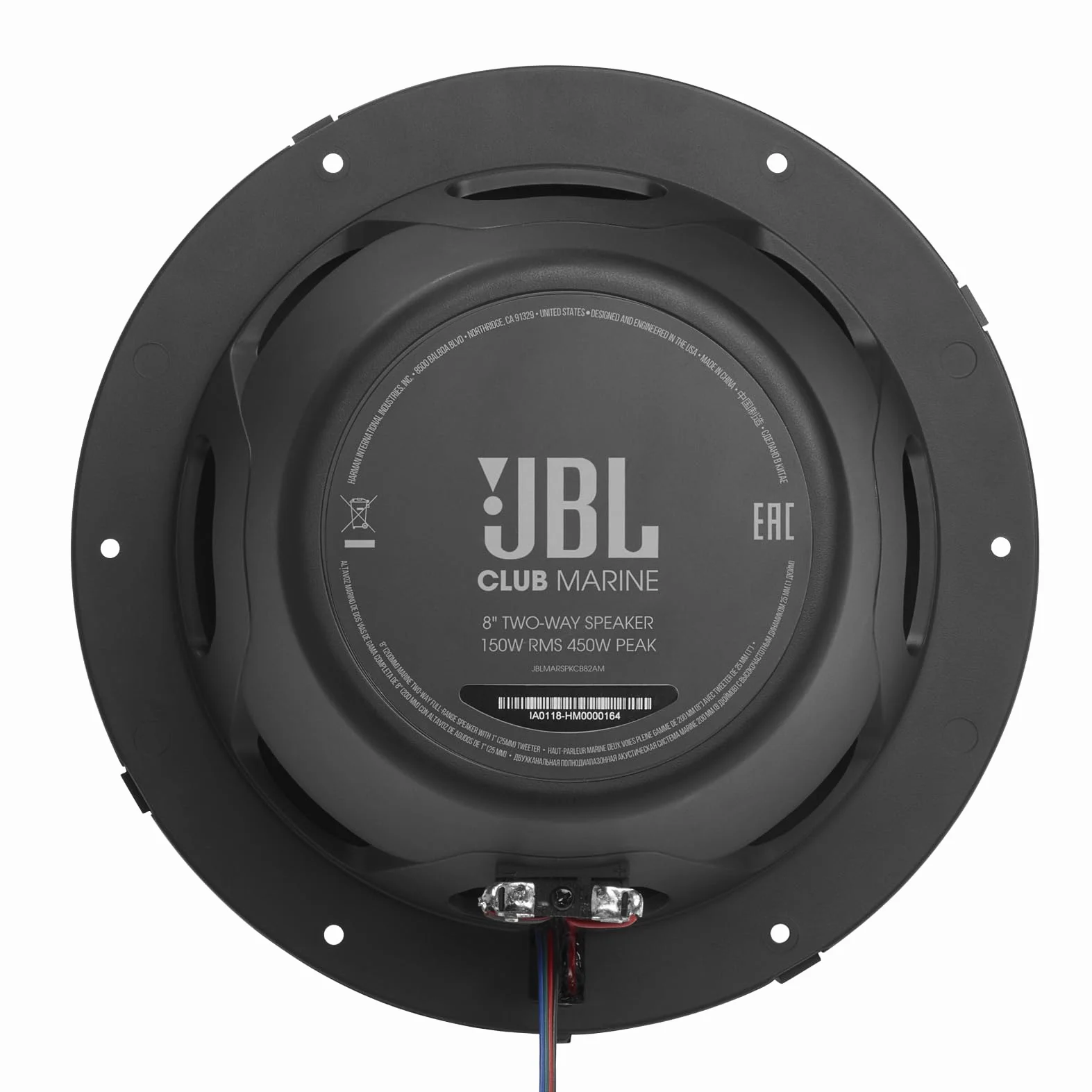 JBL Marine CLUB82 Altavoces coaxiales Marinos 2 vías 8 Pulgadas con 150 W RMS y 450 W Pico, sensibilidad 92 dB, 4 ohmios, protección IPx5, woofer Plus One y Tweeter Pei Resistente UV