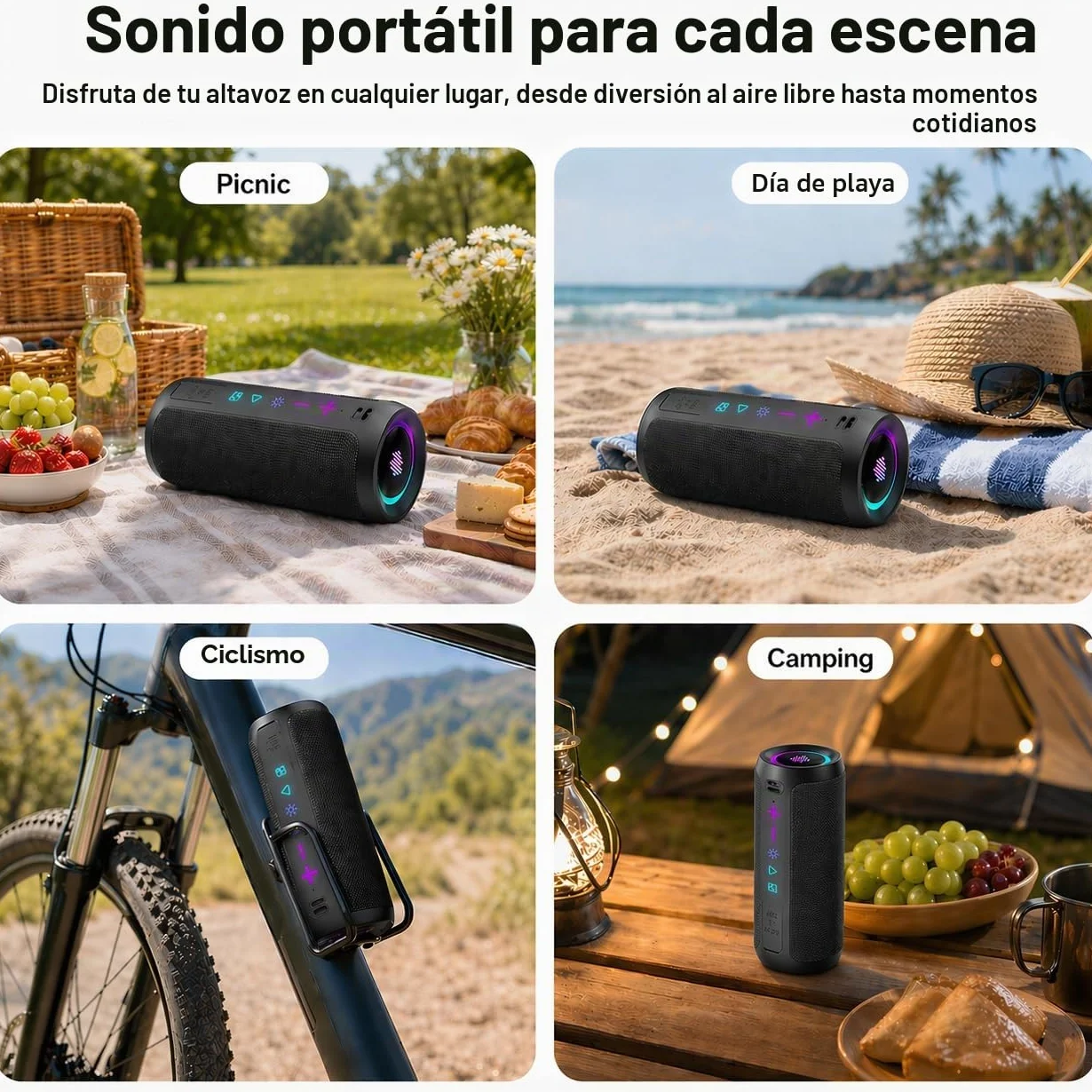TIMU Altavoz Bluetooth 5.4 Potente, 25W, IPX7, 24H, 2 Modos EQ, 8 Modos RGB, TWS