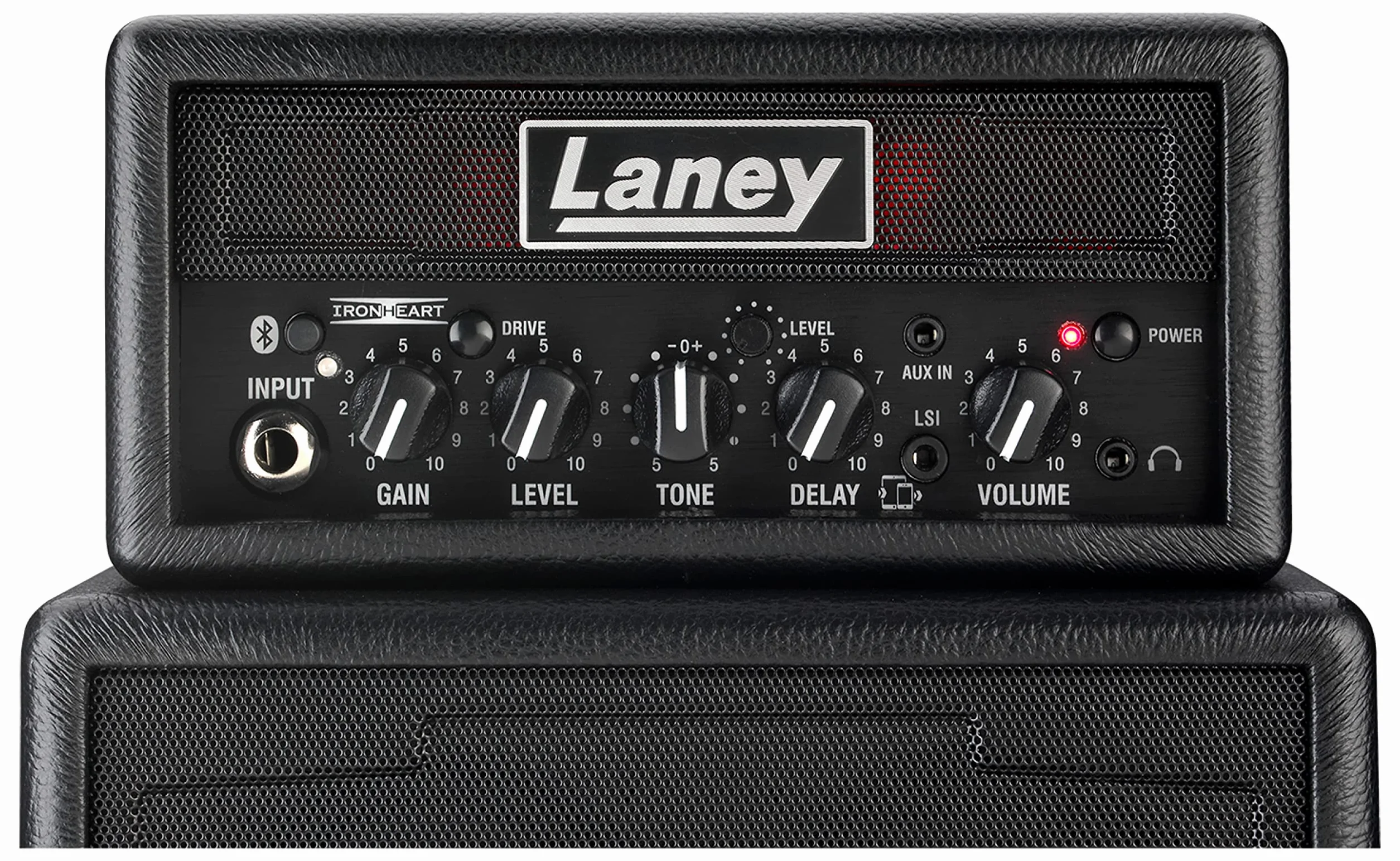 Laney MINISTACK-B Amplificador de guitarra Bluetooth – Mini pila portátil de 6W con batería - 4 altavoces, limpio/overdrive, retraso, entrada LSI para smartphone, entrada AUX - Ironheart