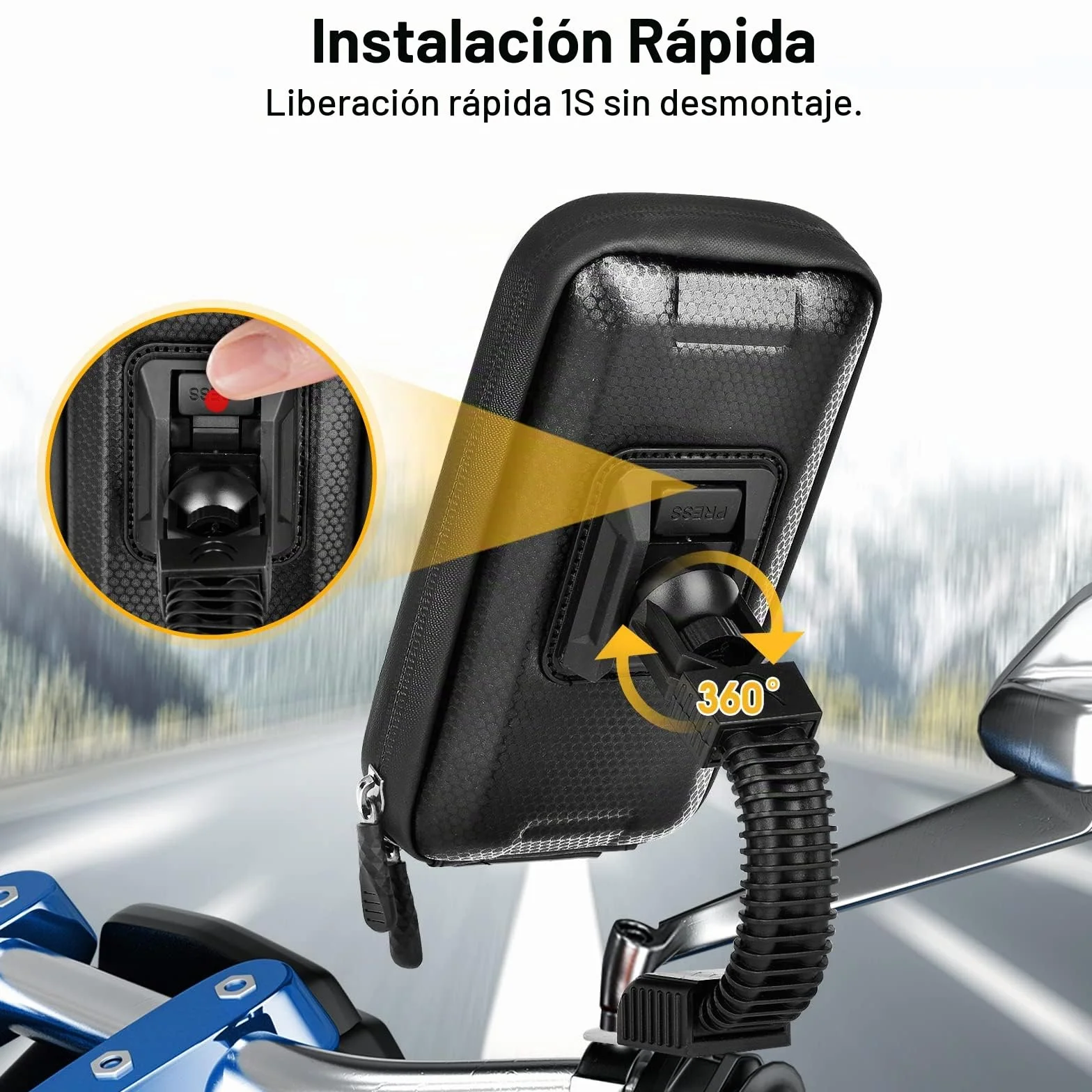 Soporte Móvil Moto Impermeable 360° Rotación para Teléfono hasta 6.7" Negro