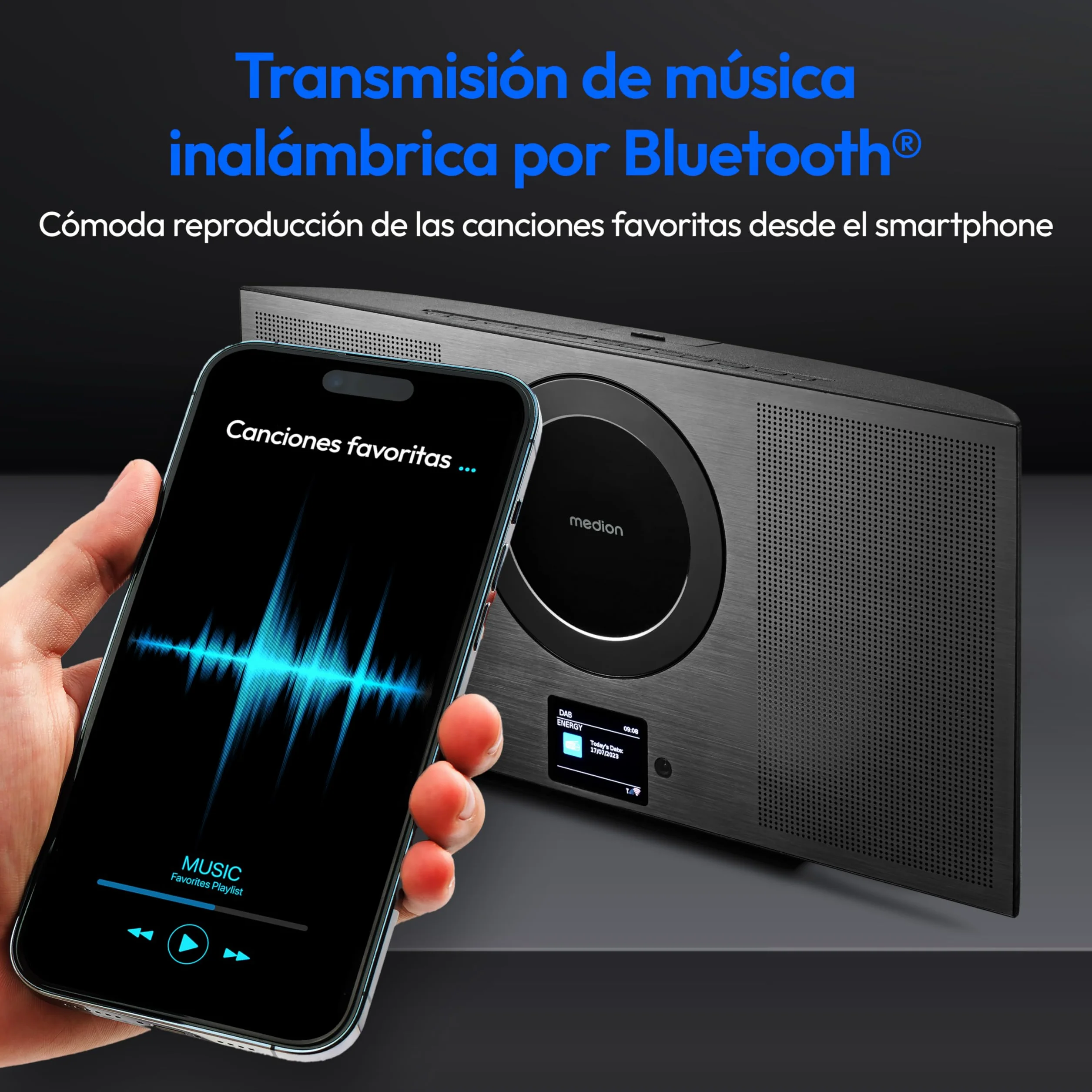 MEDION P66348 Sistema estéreo con Reproductor de CD (Radio por Internet, Dab+, Spotify Connect, Mini Sistema Compacto Vertical, Radio PLL FM, MP3, USB, Bluetooth, WLAN)
