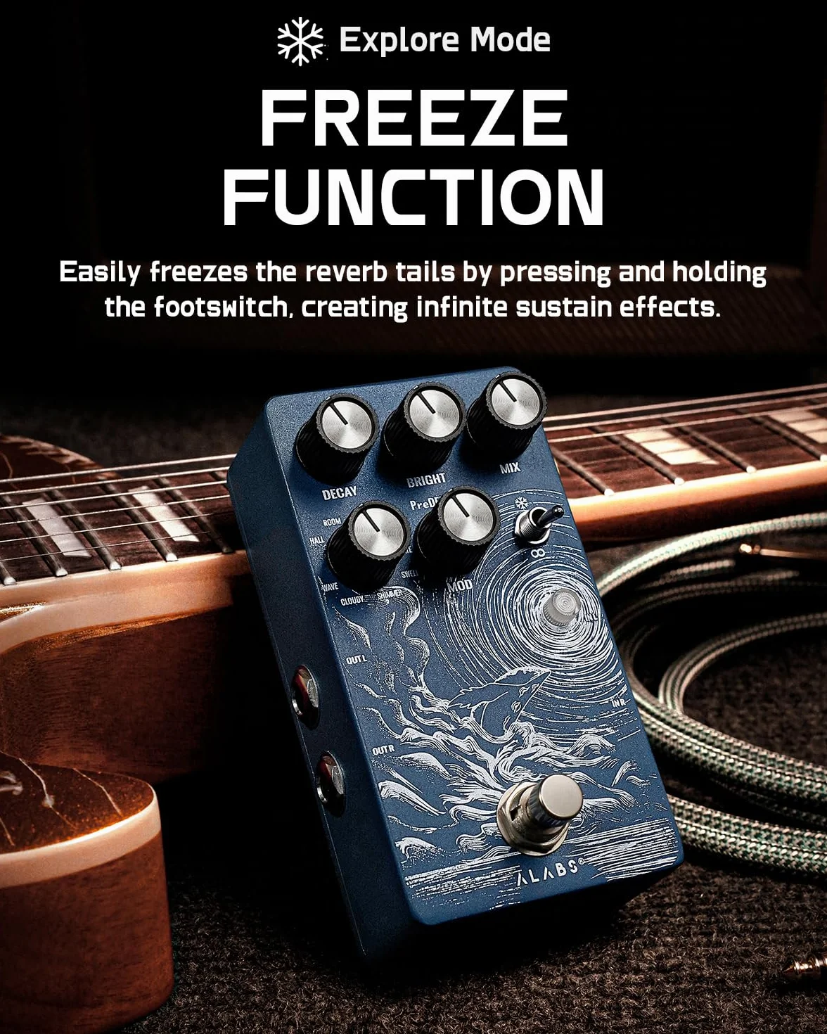 ALABS CETUS - Pedales de reverberación para guitarra eléctrica con 9 efectos, secado analógico, congelación y modulación ajustable