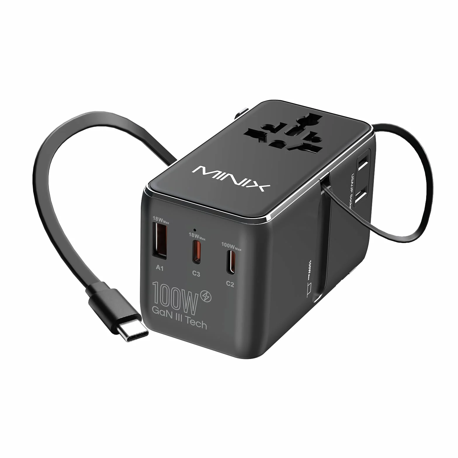 MINIX - Adaptador de viaje universal de 100 W con cable USB C retráctil, PD 3.0 GaN III, puertos USB-C * 3 USBA * 1, enchufe AC, cargador de viaje mundial para ordenadores portátiles y tablets