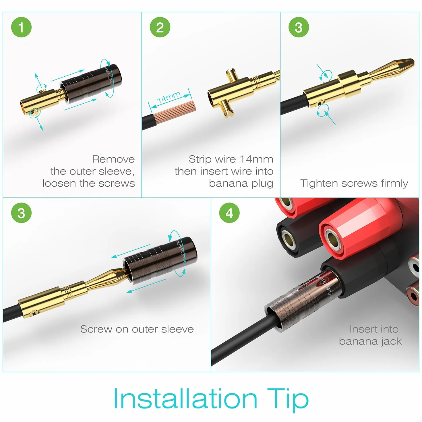 FosPower Conector Banana Altavoces 24K Oro Enchapado 2 Pares 4 Piezas Blanco Rojo