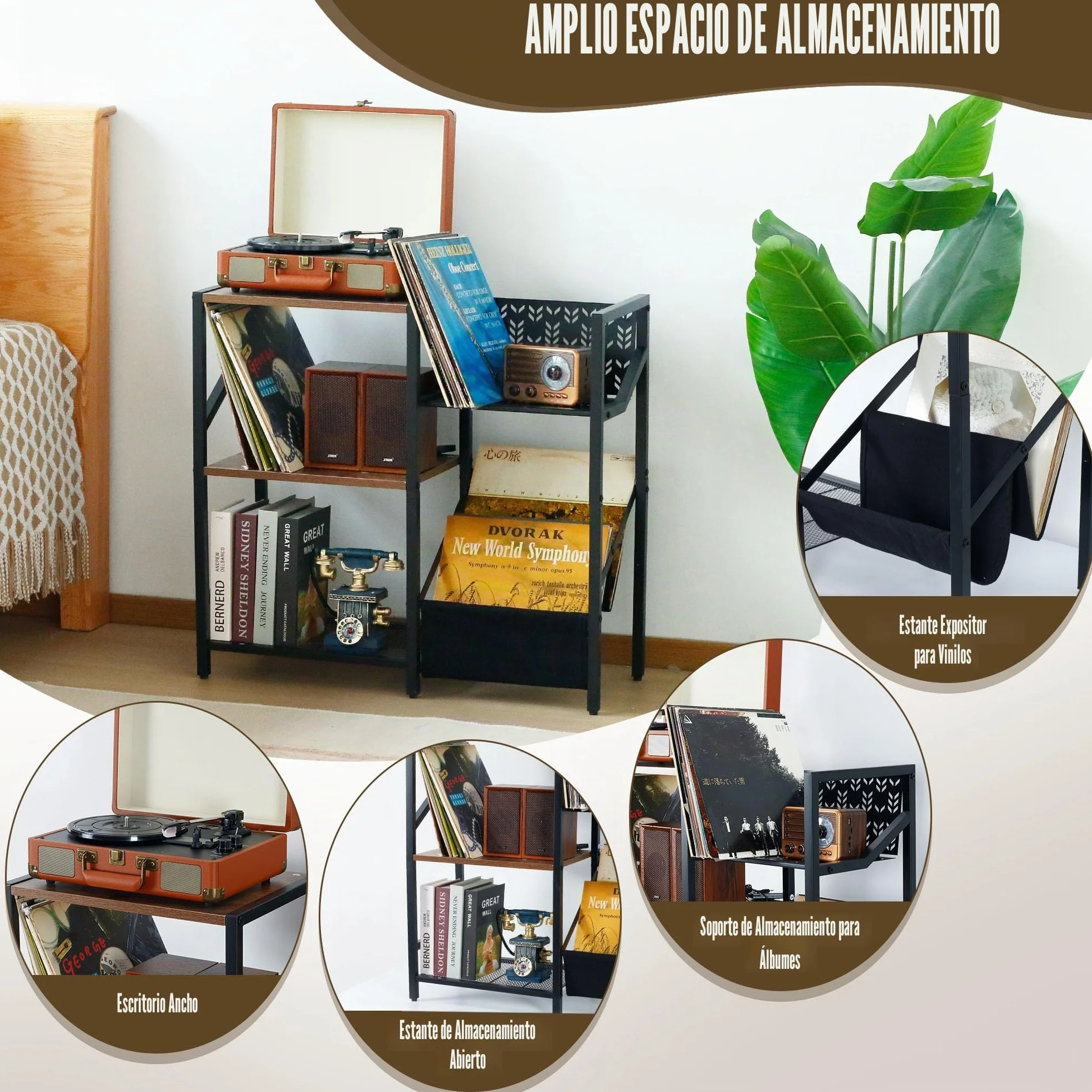 Soporte para discos de vinilo de 3 niveles, soporte grande para discos de hasta 150 álbumes, tocadiscos negro con gabinete estéreo de almacenamiento, estante de mesa de reproductor para dormitorio