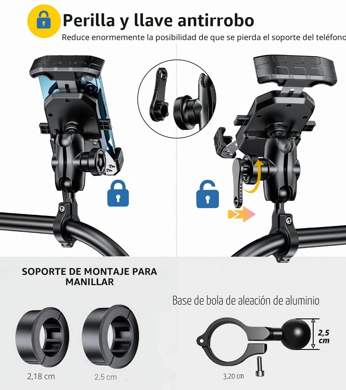 iMESTOU Soporte Antirrobo para Teléfono de Moto, Base Esférica de Aluminio 1 Pulgada, Rotación 360°, Universal 4.0"-7.0"