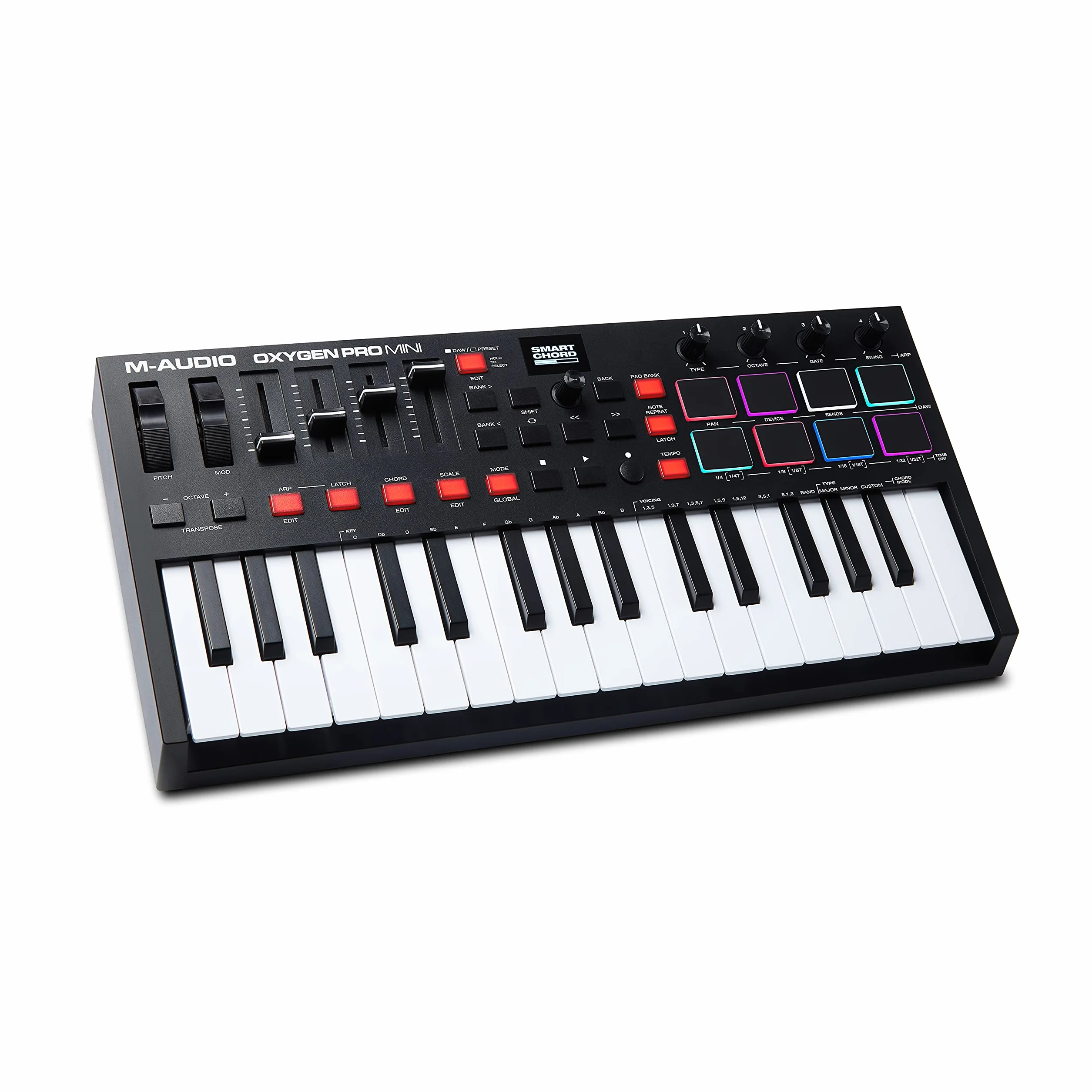 M-AUDIO Oxygen Pro Mini 32-Key USB MIDI Keyboard Controller para MacOS y WinOS, con Beat Pads, asignables perillas y faders, y Native Instruments Sound Pack (NKS Integración)