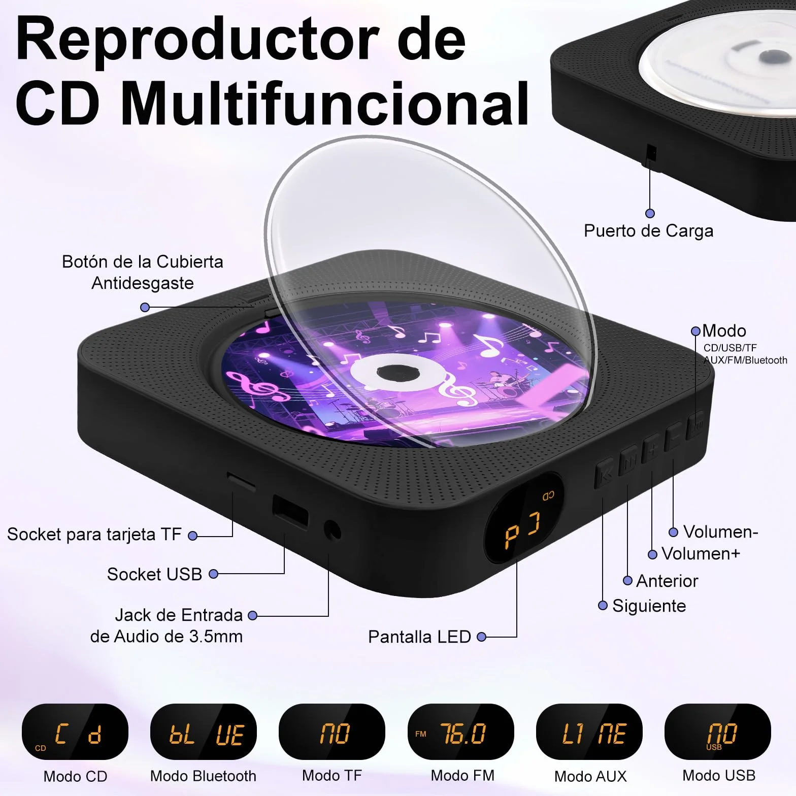 Reproductor de CD Portátil Bluetooth con Pantalla LCD, Radio FM, USB/AUX, Negro