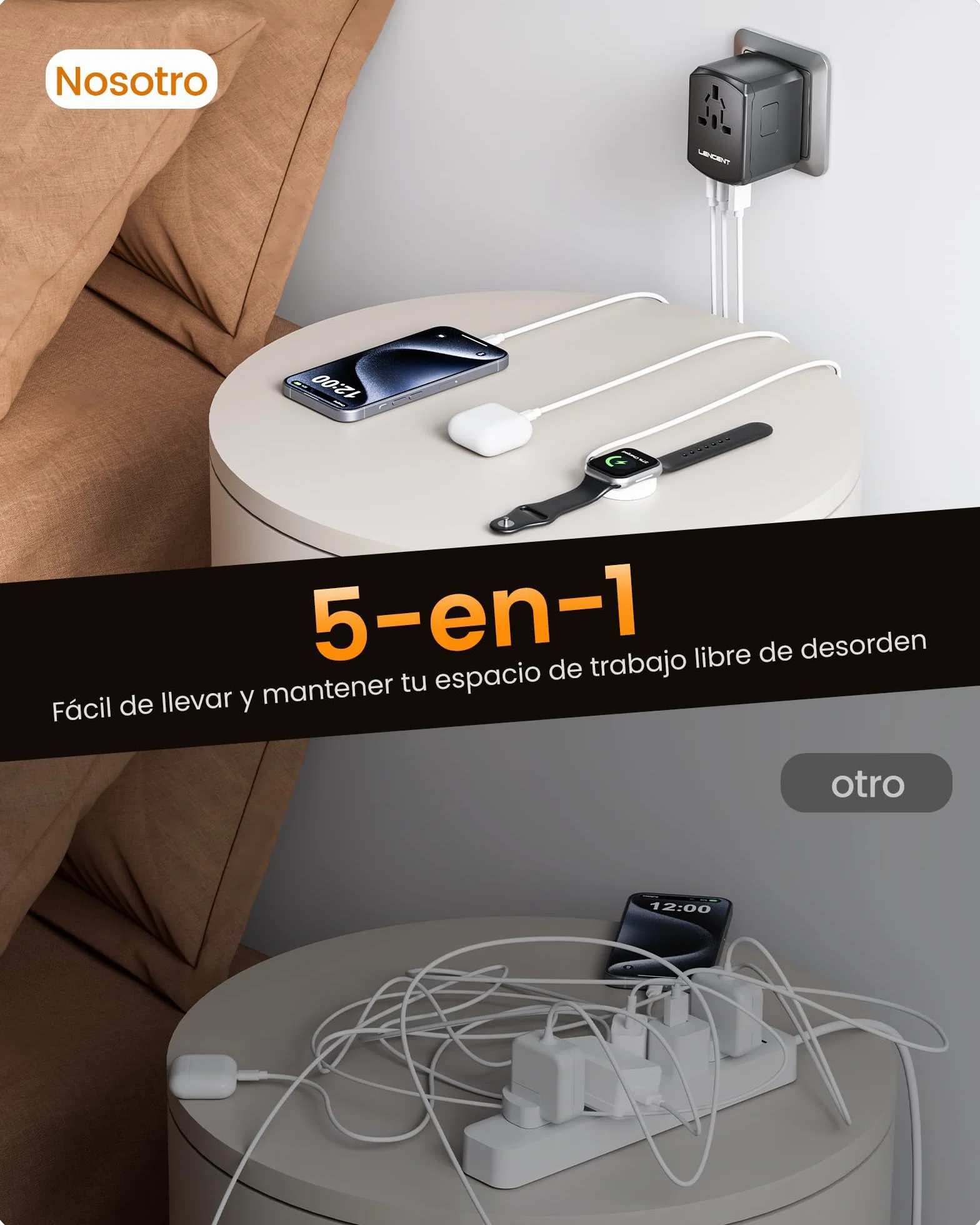 LENCENT Adaptador Enchufe de Viaje Universal, Cargador de Pared USB Internacional de 2 Puertos USB-A y 2 Tipo C para EEUU/UK/EU/AUS Más de 200 Países para Teléfonos, Tabletas, Cámara y más, Negro