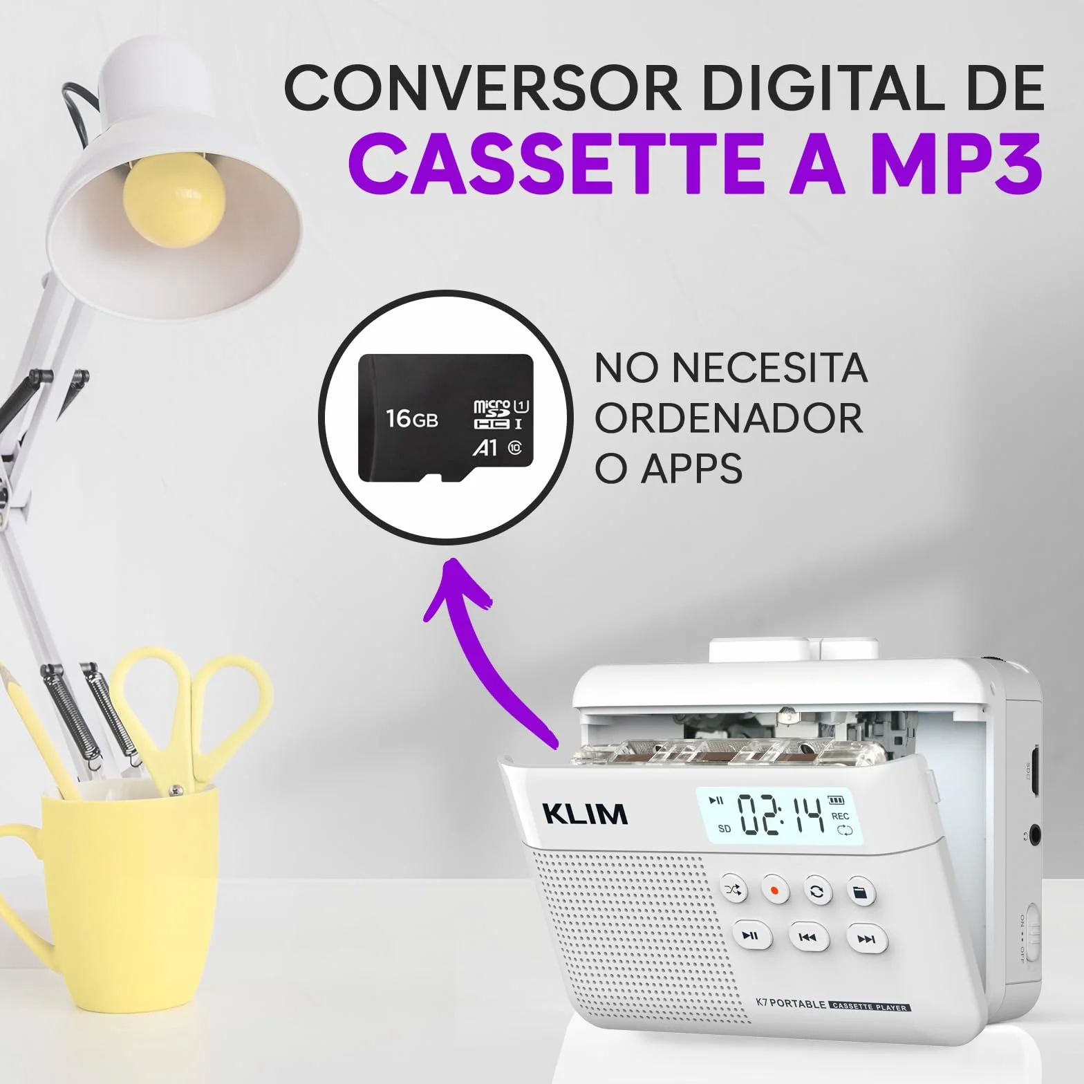 KLIM K7 Reproductor Cassette a MP3 Portátil con Micrófono y Altavoz Integrados Batería Recargable Tarjeta SD 16 GB Blanco