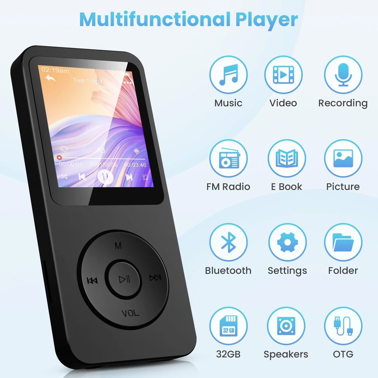 Reproductor MP3 32GB Bluetooth 5.3 Pantalla TFT 1.8 Pulgadas Radio FM para Niños