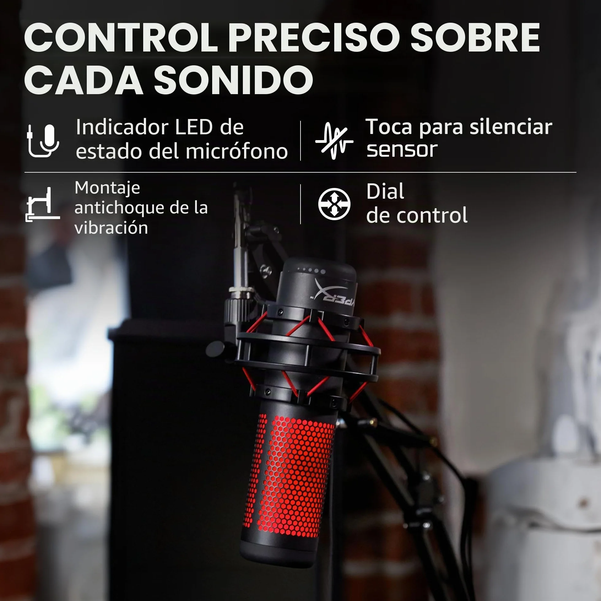 HyperX QuadCast - Micrófono de condensador USB, soporte de choque antivibración, cuatro patrones polares, filtro pop, control de ganancia, para PC, PS4, PS5 y Mac, Negro y Rojo