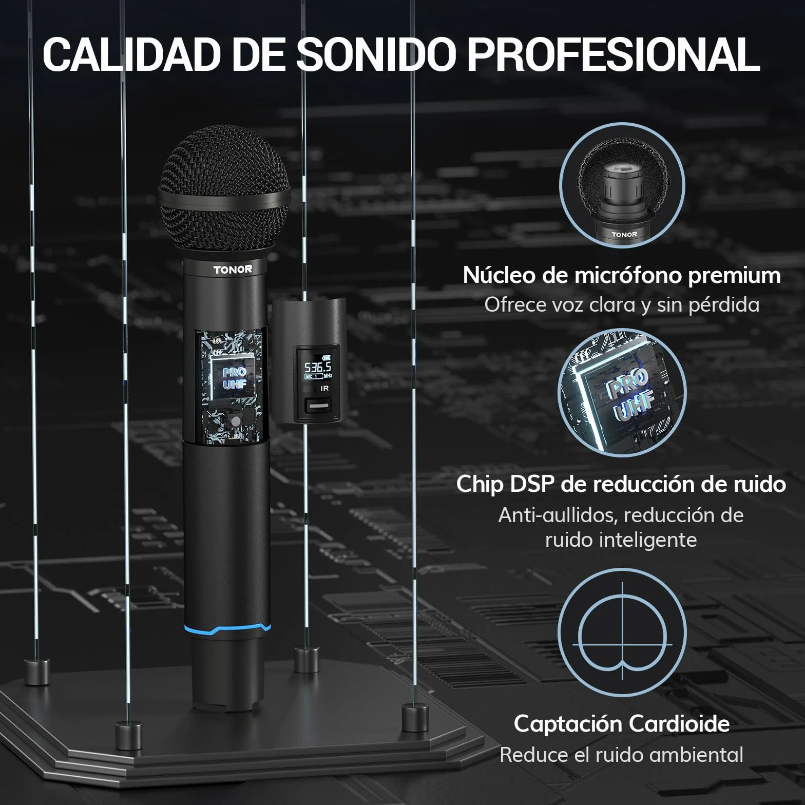 TONOR Micrófono Inalámbrico Profesional, Recargable Wireless Microphone Dinámico de Mano, Sistema de 2×100 Frecuencias UHF Ajustable para Karaoke/Fiestas/DJ/Iglesias, Escaneo Automático, 100M, TW750