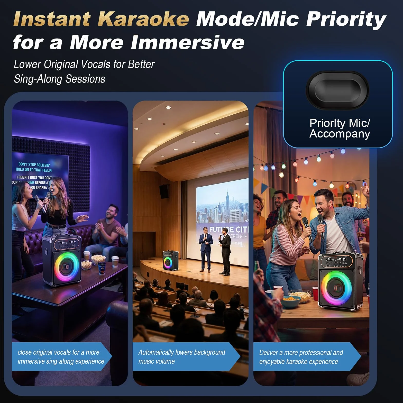 HWWR Máquina de Karaoke con 2 micrófonos, Altavoz inalámbrico portátil para Fiestas, Caja de música con Luces LED, Sistema de Karaoke Bluetooth, Sistema PA de Soporte TWS/USB/Tarjeta TF/AUX/FM
