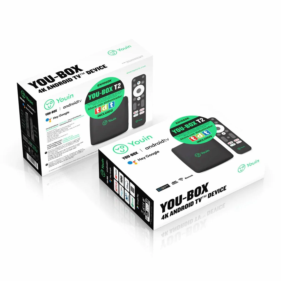 YOUIN EN1060K Receptor Android TV 4K UHD DVB-T2 HDMI WiFi Bluetooth 2GB RAM 8GB ROM Chromecast Mando Voz Guía EPG Grabación USB-C