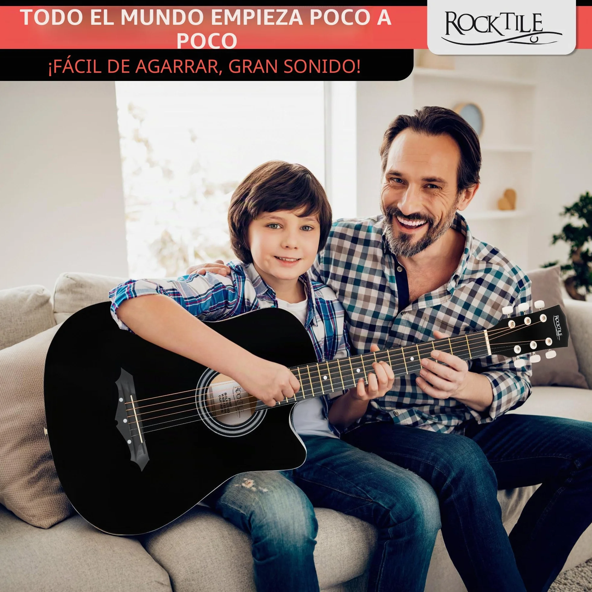 Rocktile WSD-5C-BK Slim Line Set De Guitarras Western - Guitarra Acústica Dreadnought - Cuerpo De Tilo - Mástil: Catalpa - Set Incluye Funda, Cuerdas De Repuesto, Correa Y Púas - Negro