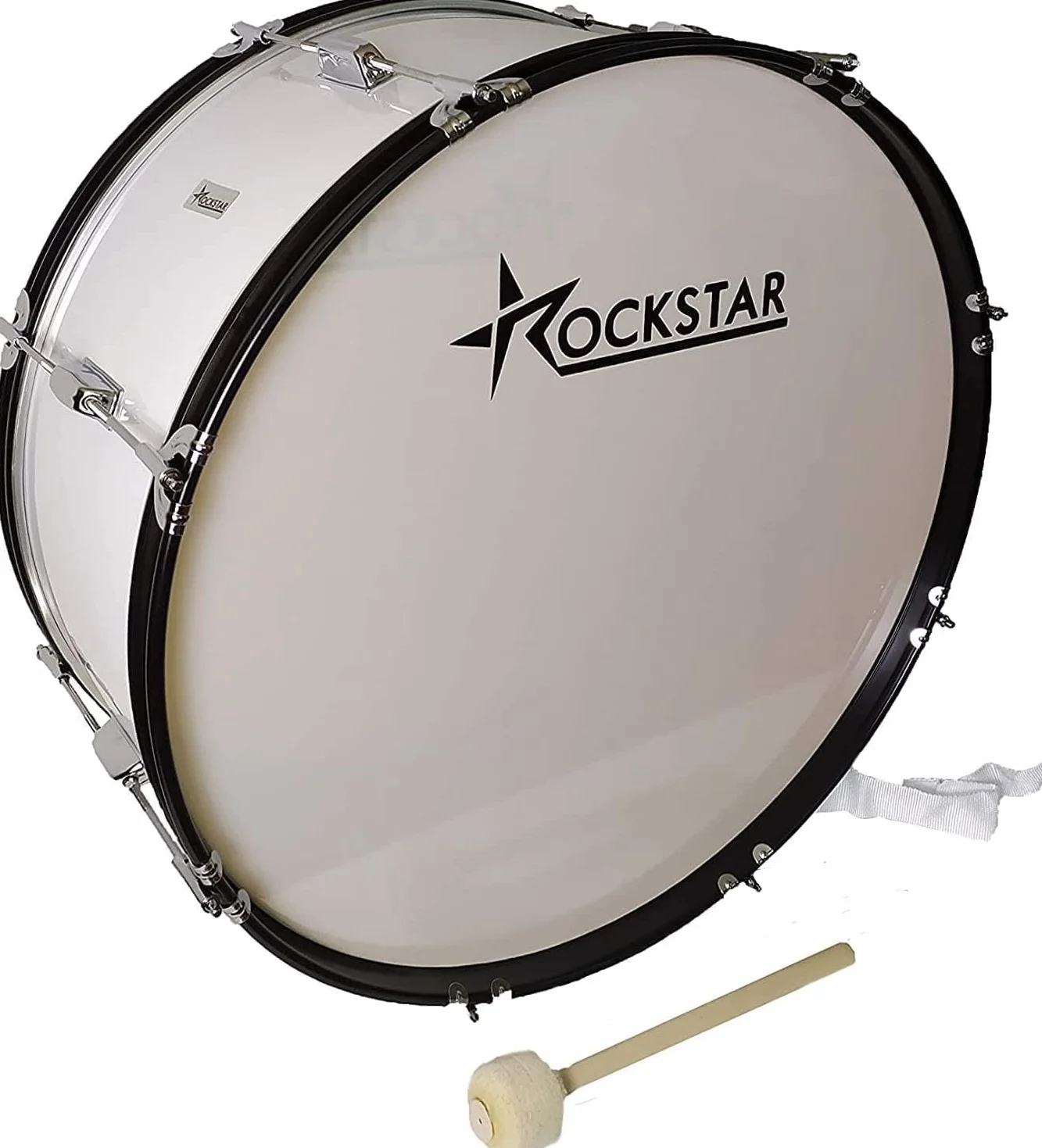 ROCKSTAR - Bombo Banda Charanga y Animación Futbol B1071 25"x 10" (63cm x 25cm), Maza y Correas Cruzadas, Color Blanco