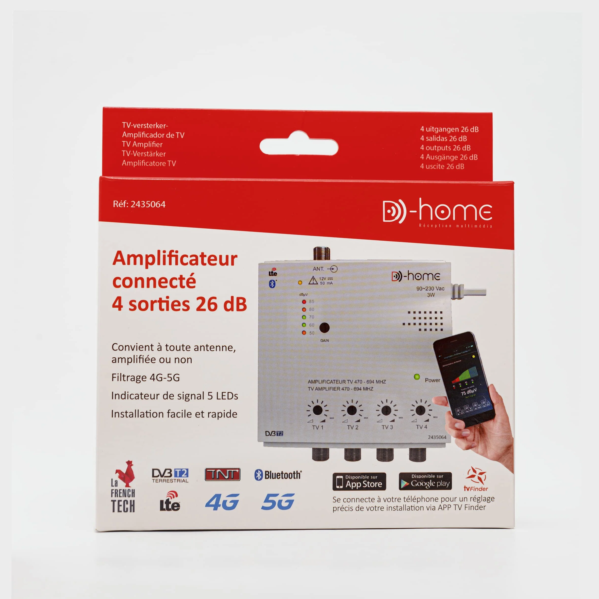 D-Home - Amplificador de TV TNT interior 4 salidas 26dB conectado Filtrado 4G-5G, Funciona con App TV Finder para encontrar la mejor señal.