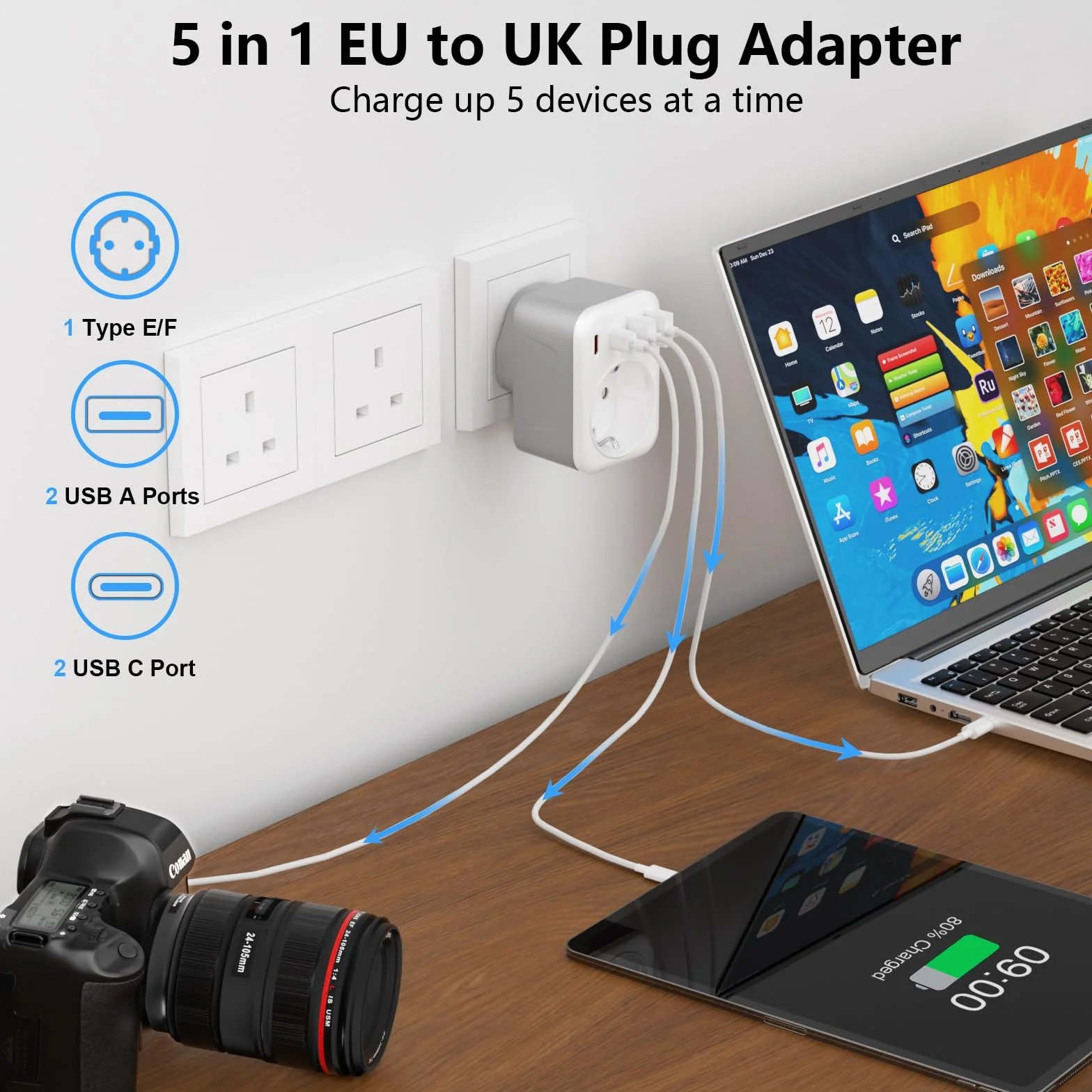 5 en 1 Adaptador Enchufe UK, Adaptador de Viaje Español a UK,con 2 USB C y 2 USB A,Enchufe Tipo G para Ingles Irlanda Maldivas Dubai Gran Bretaña Singapur Hong Kong