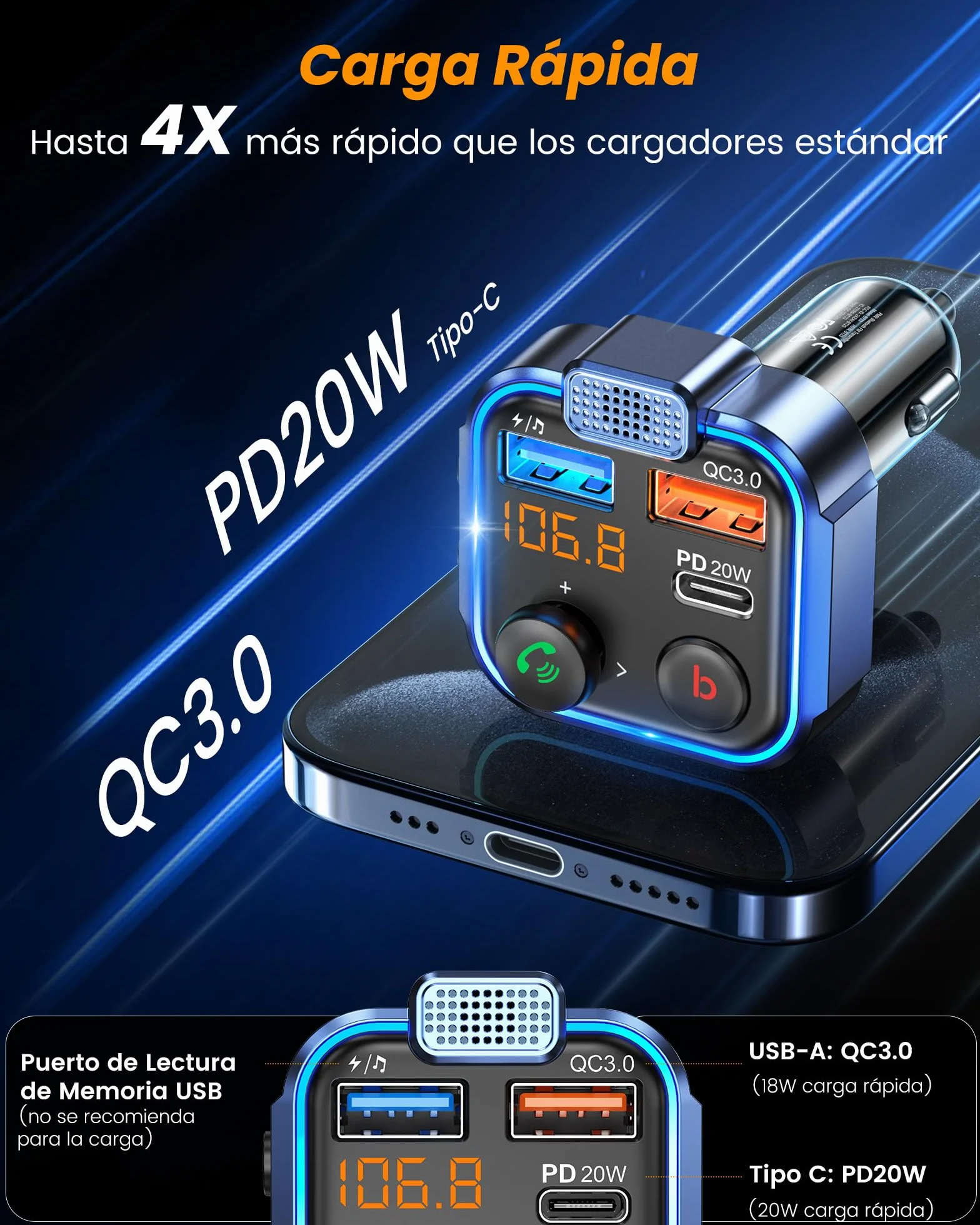 LENCENT Transmisor FM Bluetooth 5.3 Manos Libres Adaptador Radio Coche Carga Rápida 20W USB Tipo C