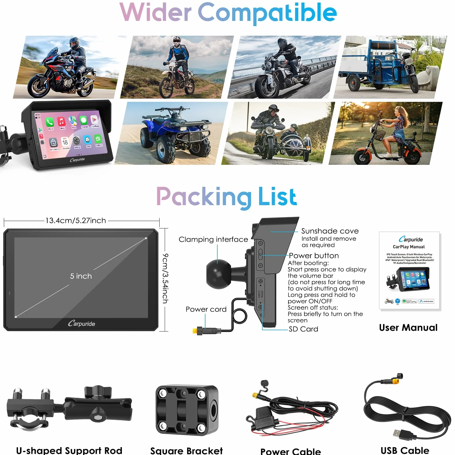 Carpuride W502PRO Motocicleta CarPlay Android Auto Bluetooth GPS 5 Pulgadas Impermeable