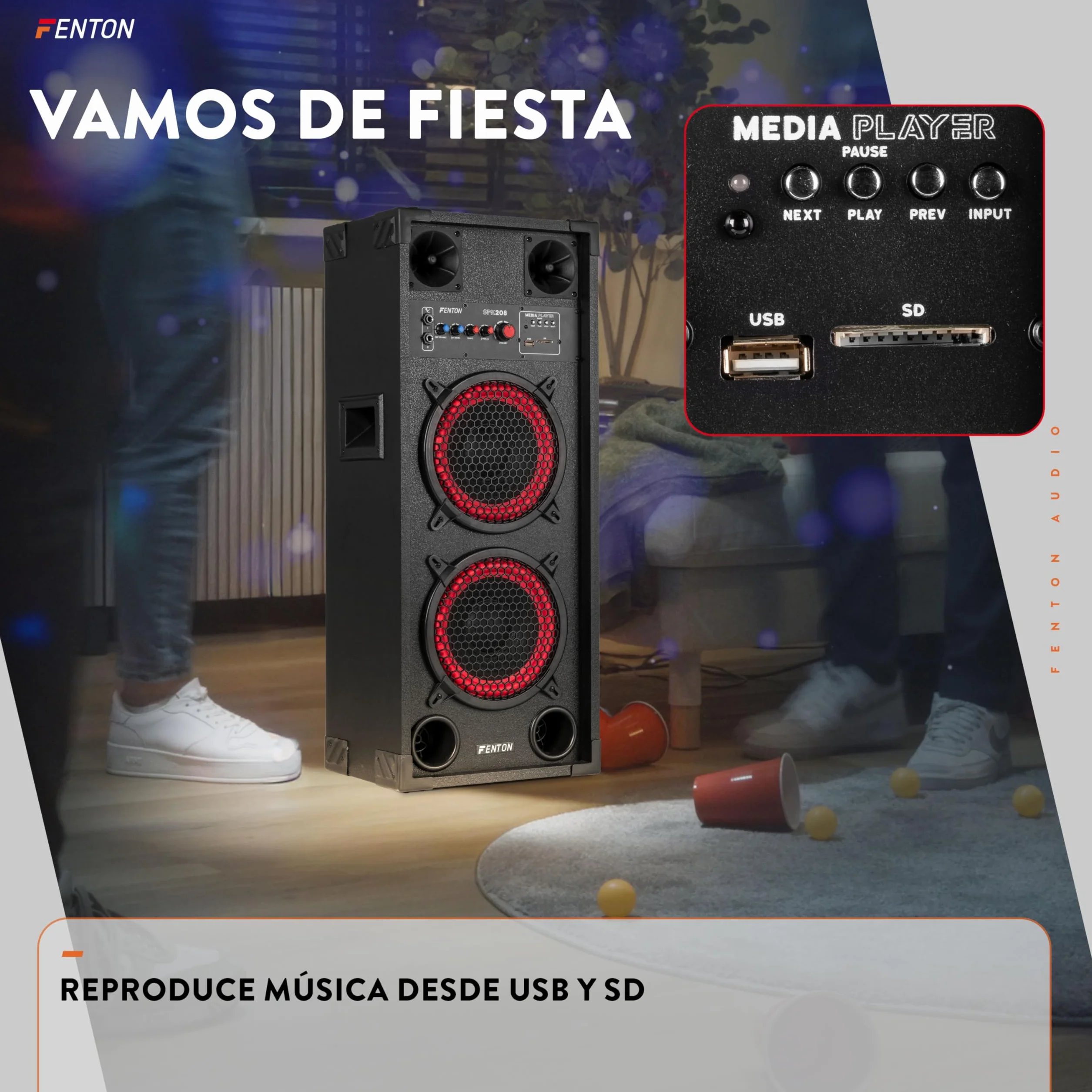 Fenton SPK208 – Altavoces Activos PA Doble woofer 8 Pulgadas con Amplificador Integrado, Bluetooth, MP3, USB, SD, Dos entradas de Micro Eco Ajustable, Ideal para Fiestas, Karaoke y Eventos.