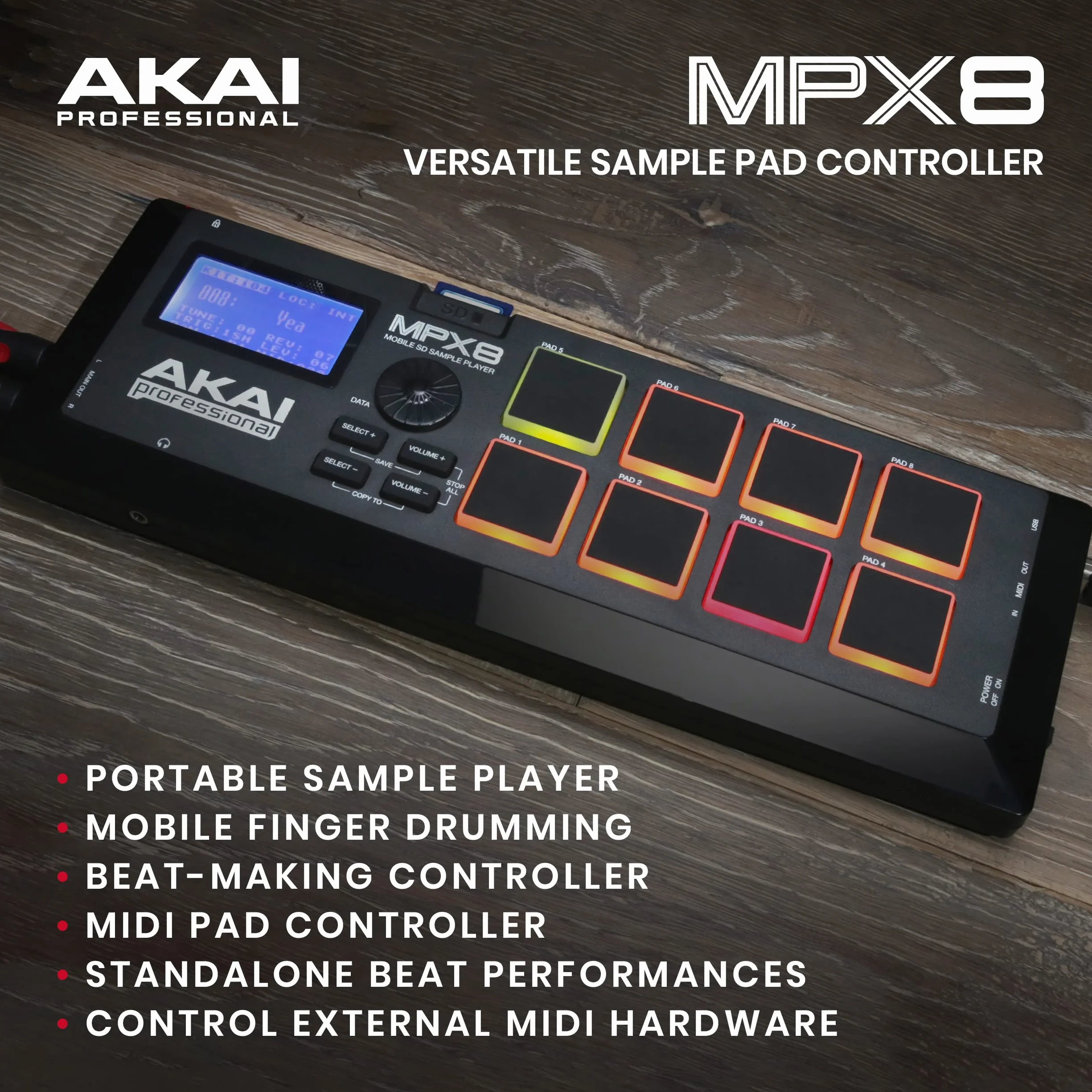 Akai Professional MPX8 - Controlador USB MIDI y Lanzador de Samples Portátil con 8 Pads Sensibles a la Velocidad y Ranura para Tarjeta SD