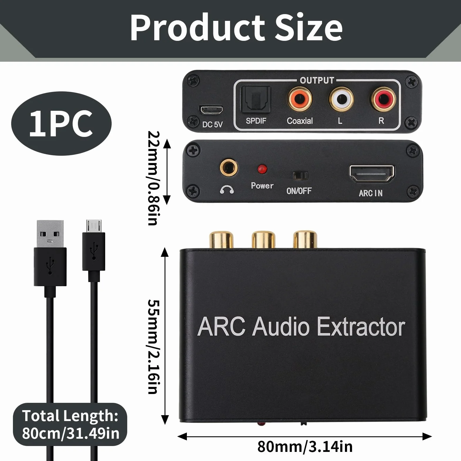 Extractor Audio HDMI ARC DAC 192kHz Óptico Toslink Coaxial a RCA L/R 3.5mm Jack