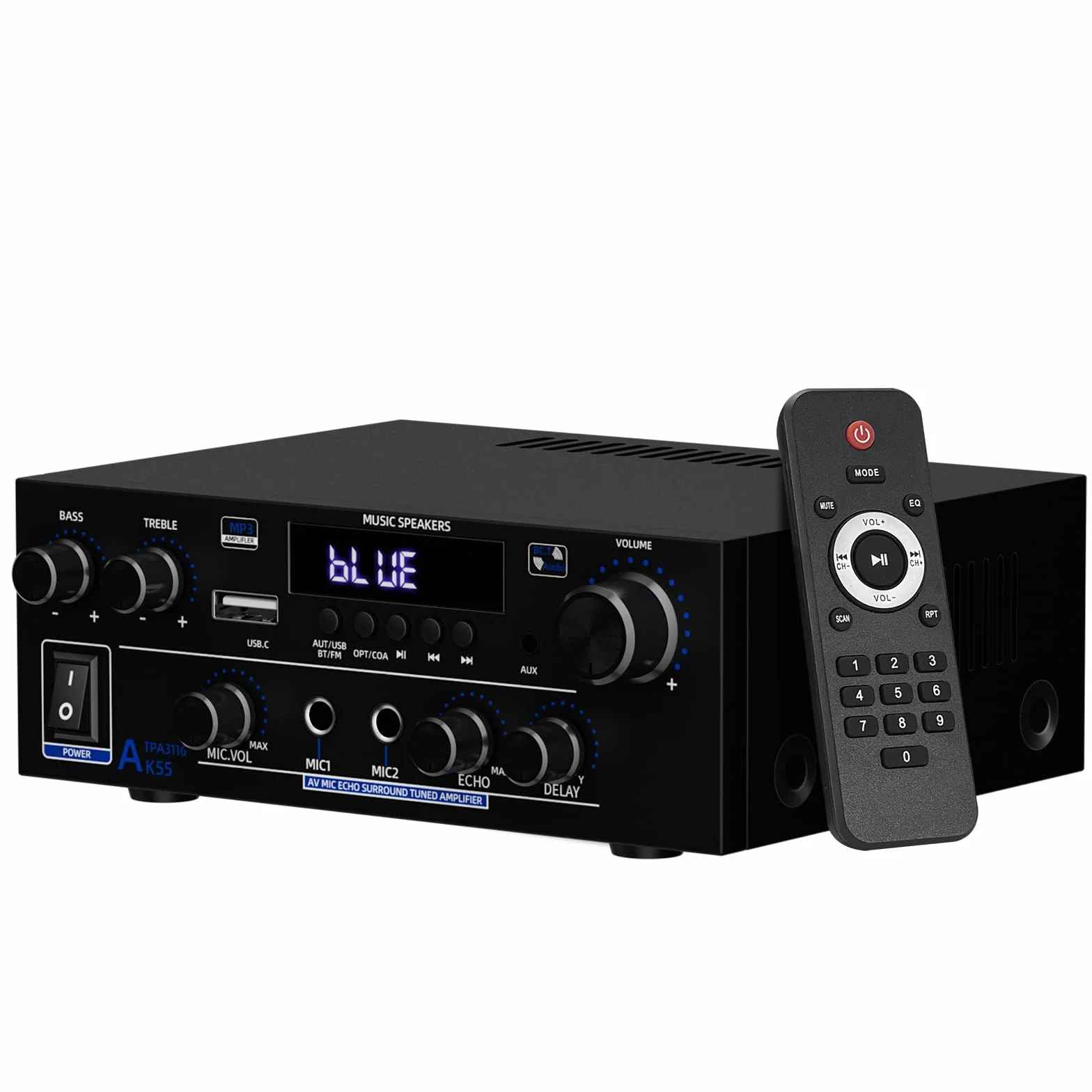 2 Canales Amplificador, 1000W Audio Estéreo, Bluetooth 5.3 Mini Hi-Fi Amp, para Dos 50W x2 Altavoces de Unas 8 Pulgadas, Bass/Treble/AUX/FM/MIC/USB, para TV, para el hogar o tu Coche (AK55)