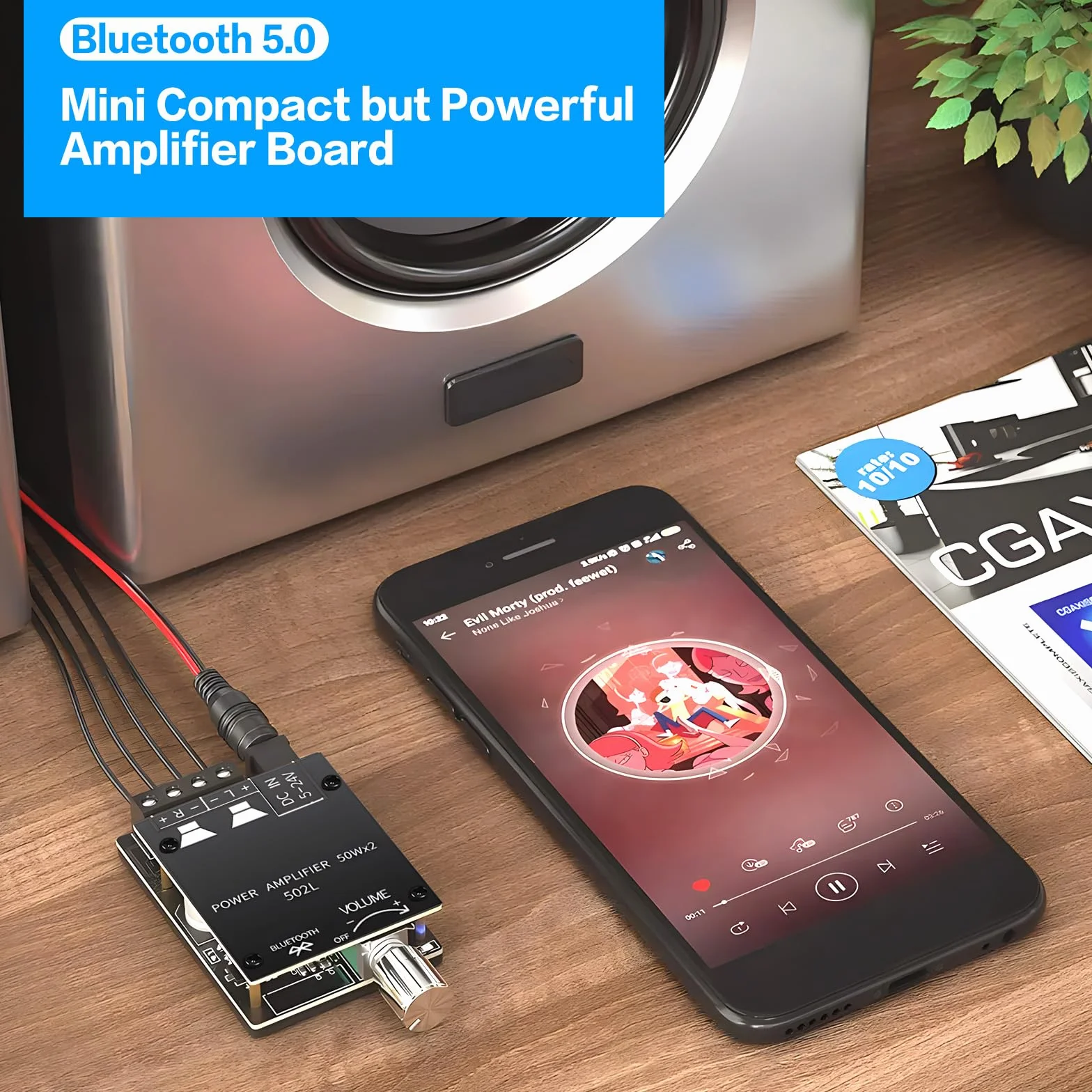 FAELNK Placa Amplificador Bluetooth 2x50W Mini Amplificador Audio Bluetooth DC 8-24V con Interruptor y Volumen Ajustable