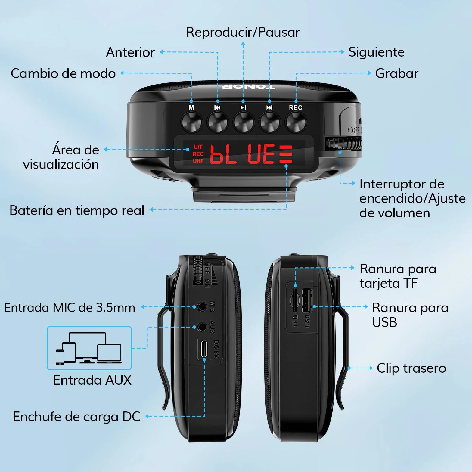 TONOR 15W Wireless Altavoz con Microfono Inalambrico，Amplificador de Voz Bluetooth Portátil, PA Sistema de Microfono Recargable para Profesores, Guías Turísticos, Entrenadores Deportivos, 25 m,K11