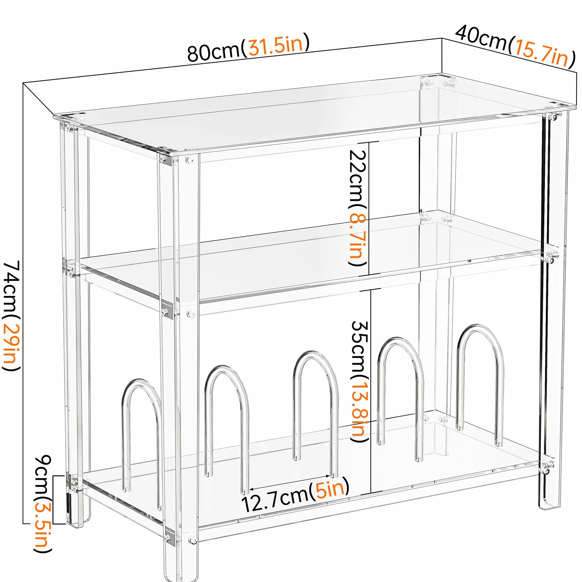 Mueble Tocadiscos, Acrilico Metacrilato, Soporte para Tocadiscos y Vinilo, Transparente, 80 x 40 x 74 cm