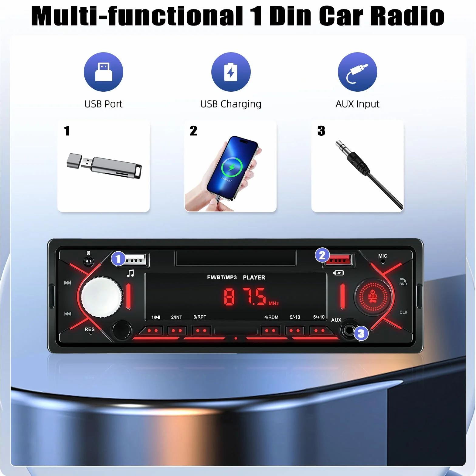Radio de Coche Bluetooth 1 DIN, Autoradio soporta FM Radio, AUX/TF, Reproducción USB y Carga, Entrada de Disco Pantalla de Tiempo