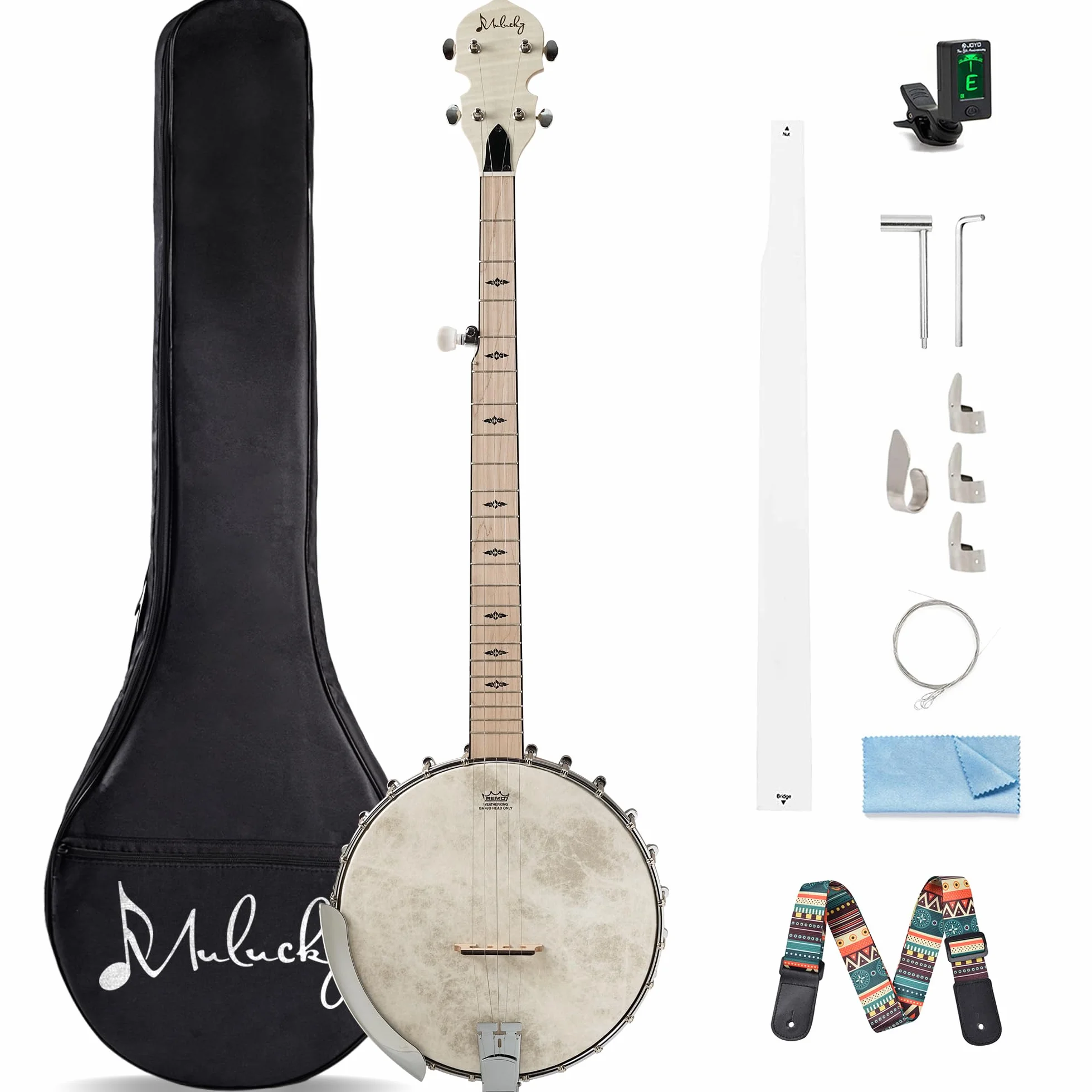 Banjo de 5 cuerdas, tamaño completo Mulucky con 24 soportes, parte posterior abierta, banjos de arce con kit para principiantes - MB1101