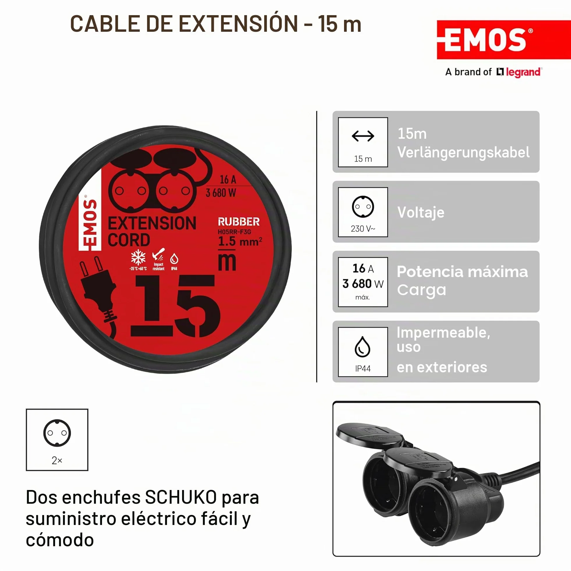 EMOS przedłużacz kabel IP44 15 m 230 V 16 A 3680 W H05RR-F3G 1.5 mm² czarny