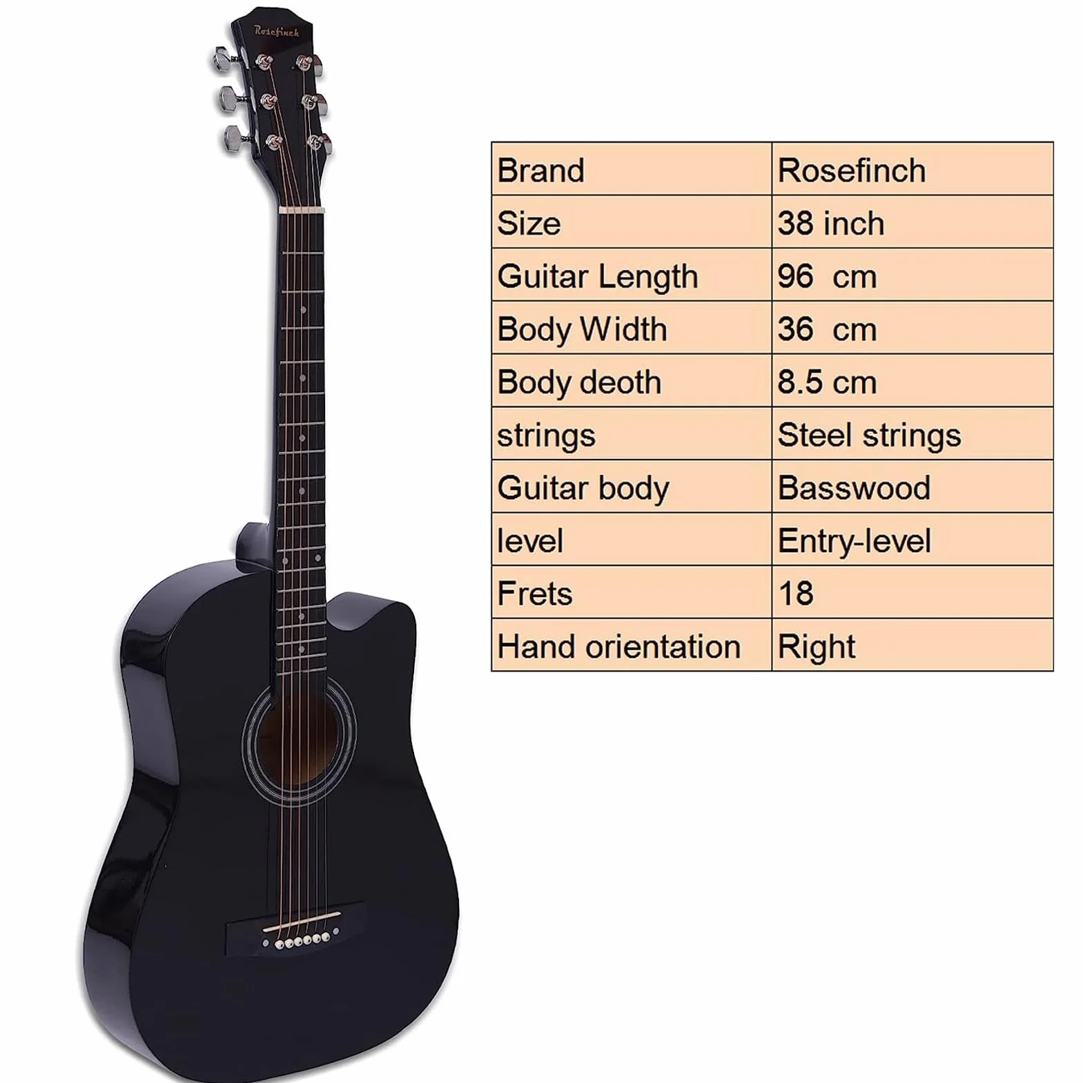 Rosefinch Cuerdas de acero para guitarra acústica 3/4 de 38 pulgadas Folk Cutaway Guitarra de madera para Biginner adultos y niños principiantes kits de guitarra con bolsa de afinador, púa, cuerdas de